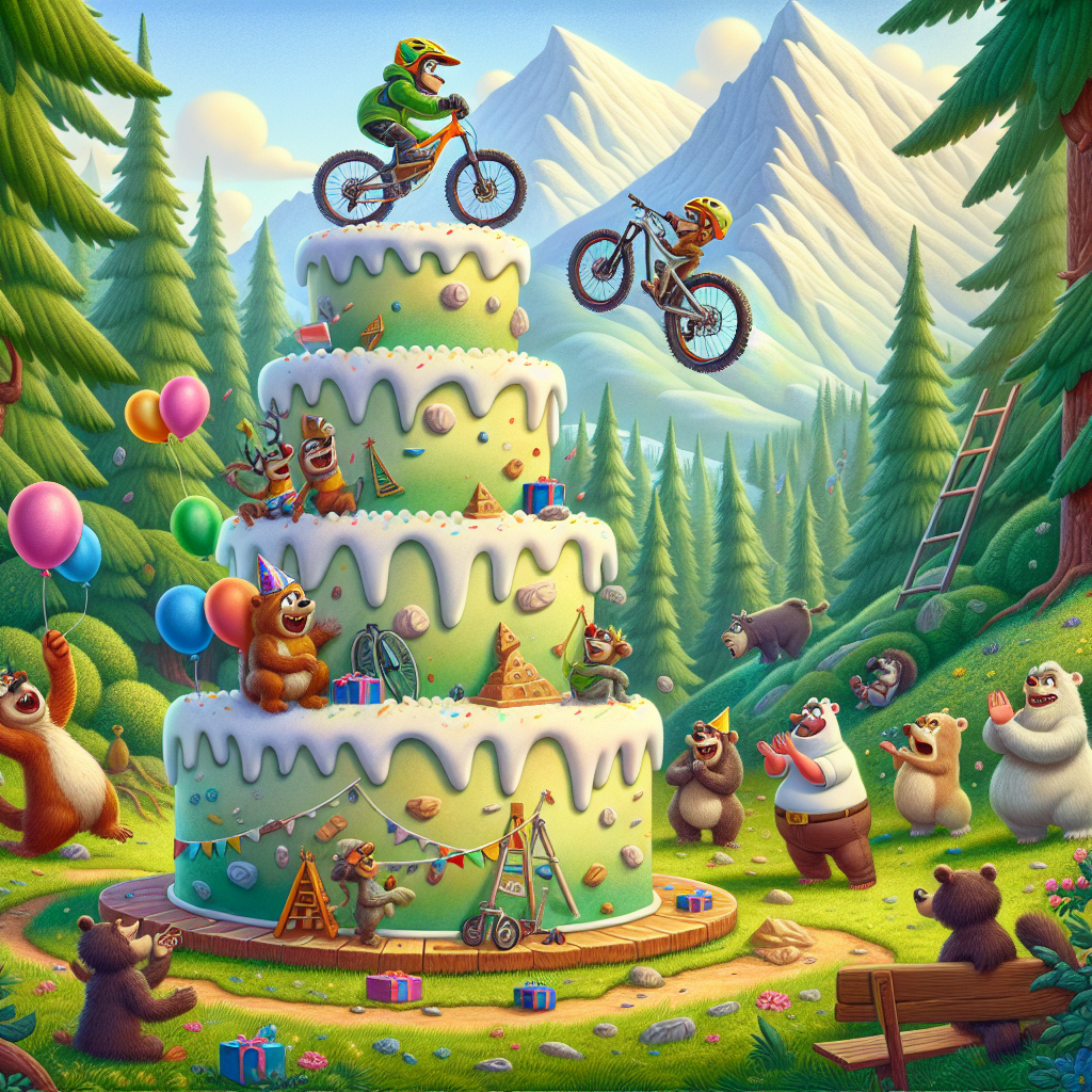 A bright and merry cartoon birthday party is unfolding amidst the verdancy of a forest glade. The main attraction is a towering, multi-level cake, decorated with tiny, whimsical mountain bikes and miniature climbers who appear to be attempting to ascend frosted edifices of icing. Floaty balloons add a touch of colour to the scene. In the backdrop, various animated forest inhabitants are shown applauding and cheering, clearly charmed by a character who is comically trying to maintain balance on an unsteady mountain bike. The setting is enlivened by looming, fancifully-depicted mountains.
Generated with these themes: Mountain bike, and Rick climbing .
Made with ❤️ by AI.