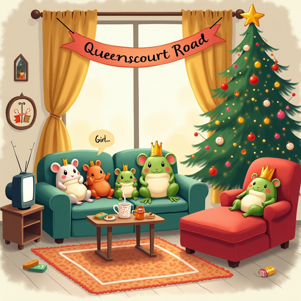 Hand-drawn illustration with fine linework, textured brush strokes, balanced composition, and a warm, expressive color palette. Vertical portrait, full-bleed, cozy and cute farewell mood.

Scene: A snug living room at holiday time. At the very top, an arched ribbon banner reads: “Queenscourt Road.” Center stage, a plump sofa with two adorable rats and one frog lounging together; all wear tiny gold crowns. The frog on the sofa has a small speech bubble that reads: Girl.. On the right, a second crowned frog reclines on a chaise longue (no speech bubble). A patterned rug covers the floor; a low coffee table holds a teapot, steaming mugs, and little snacks (biscuits, popcorn, fruit). A small TV glows softly from one side. In the back corner, a Christmas tree twinkles with colored lights and cute decorations (stars, hearts, tiny crowns, candy canes).

Style notes: Whimsical, expressive faces; soft ambient glow from the tree and string lights; warm palette of pine green, cranberry red, honey gold, blush, and cream; gentle watercolor/gouache washes over paper grain; crisp ink lines; subtle shading; charming, lived-in details.

Text elements (only these):
- Top banner: “Queenscourt Road”
- Small speech bubble from the frog on the sofa: Girl..
- A single cheeky caption along the bottom center, small and playful hand-lettering: “Ribbit-derci, see you on the other chaise.”

Ensure legible, tasteful text placement; keep everything cute, cozy, and balanced.
Generated with these themes: .
Made with ❤️ by AI.