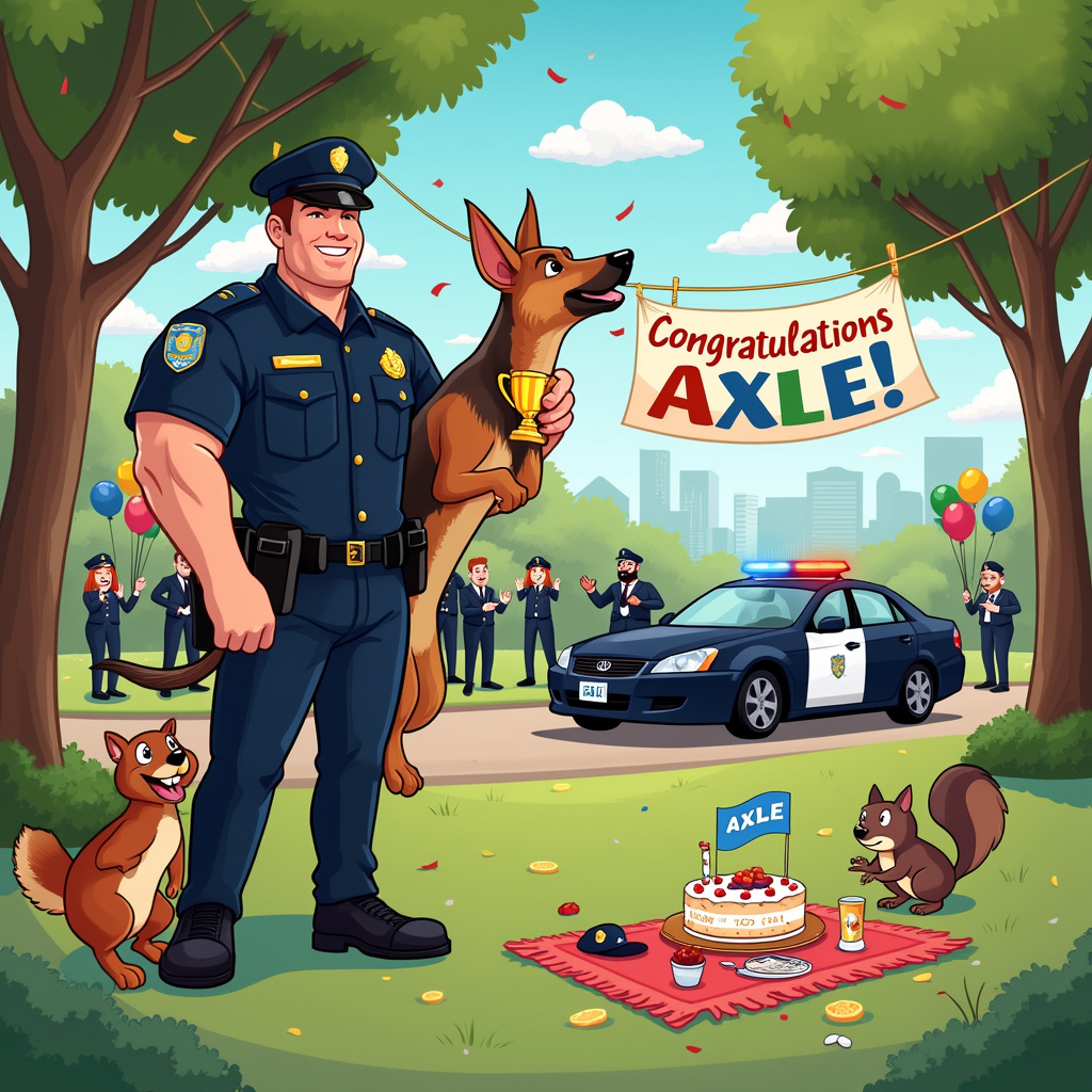Sure! Here’s a detailed description of a cartoon scene for a congratulations card featuring a German shepherd biting a man's arm, with a police theme, and incorporating the name "Axle":

---

The scene is set in a bustling urban park on a bright, sunny day. In the foreground, a tall, muscular man in a classic black-and-blue police uniform is standing with a proud grin on his face, despite a German shepherd firmly but playfully biting his arm. The dog's eyes are wide and sparkling with joy, showing that this is clearly a playful act, not a harmful one. The officer's other hand is holding a large golden trophy, gleaming in the sunlight.

In the background, there's a colorful banner strung between two park trees that reads "Congratulations, Axle!" in bold, vibrant letters. The banner flutters gently in the breeze, and underneath it, a group of cheerful police officers and civilians are clapping and cheering. Some are holding balloons, and others are tossing confetti into the air. One of the balloons, in particular, is shaped like a bone, a nod to the dog theme.

Nearby, a sleek police car is parked on the grass with its doors open, and a "CONGRATS" sign taped to the hood. Its lights are flashing in a celebratory manner. The background is filled with lush green trees and a blue sky with fluffy white clouds. If you look closely, you’ll notice one of the clouds has been whimsically shaped to spell out “Axle” in puffy, cotton-like letters.

To the side, there's a whimsical touch: a cartoon squirrel with a tiny police hat perched on a tree branch, holding a miniature flag with Axle’s name on it. Below, a picnic table is laden with a variety of snacks, and a cake shaped like a police badge, with "Way to Go, Axle!" written in frosting.

In the lower corner of the scene, there's a small, playful nod to the artists' inspirations: a tiny, black-and-white dog with a detective hat (a tribute to Snoopy from Peanuts) sitting next to a comic book titled "Axle's Adventures" lying on the grass.

---

This detailed description should provide all the necessary elements to create a unique and celebratory scene for the congratulations card!
Generated with these themes: German shepherd biting mans arm, and Police.
Made with ❤️ by AI.