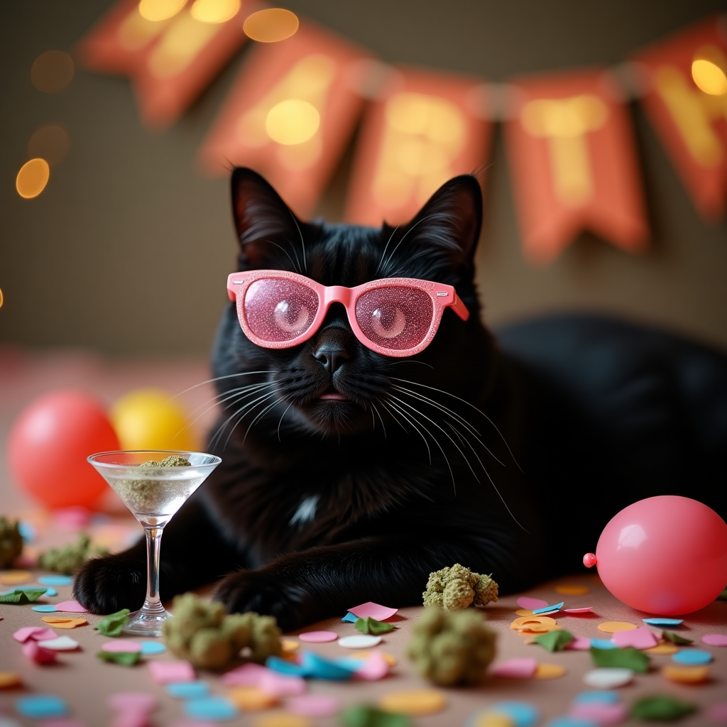 **Prompt:**

At the top of the realistic photograph image, "High-Five for 50, Dana – You’re Meow-velous!"  

A cozy, realistic photograph of a mischievously cute black cat wearing sparkly pink party sunglasses, lying on its back in a bed of confetti with tiny birthday balloons, catnip leaves, and marijuana buds scattered playfully around. The cat has a tiny, comically fancy martini glass balanced on its belly and a joint-shaped chew toy nearby. The room is warmly lit with fairy lights, a “50 & Fabulous” banner in the background, and the atmosphere is fun, chaotic, and loving. The cat gazes at the camera with wide, silly eyes, giving off sweet stoner-vibes and crazy birthday energy – a tribute to Dana’s funny, caring, and slightly wild side.
Generated with these themes: 50th birthday, kind, caring, funny, black cat, weed, catnip, alcohol, marijuana, fun, crazy, black cat.
Made with ❤️ by AI.