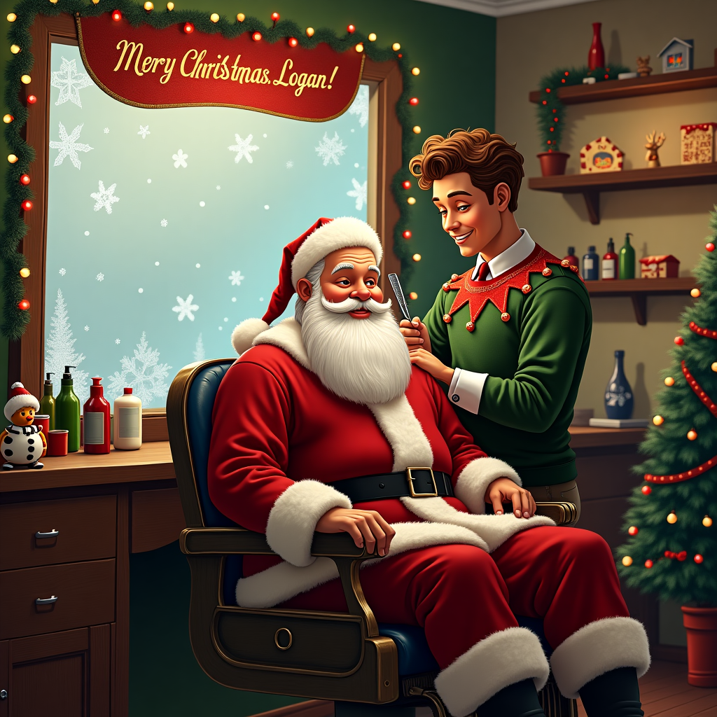 The scene takes place in a bustling, festively decorated hair salon called "North Pole Snips." The salon's window is frosted with delicate snowflake patterns, and twinkling Christmas lights drape across the window, casting a warm glow into the room. Santa Claus, with his iconic red suit and a jolly smile, is comfortably seated in a vintage barber chair. His snowy white beard cascades over the chair's armrest as a cheerful male hairdresser, sporting an elf-themed barber's apron with red and green stripes, skillfully trims Santa's hair. The hairdresser, a jolly young man with curly chestnut hair and twinkling eyes, is concentrating on his work, holding a pair of scissors in one hand and a comb in the other. Behind them, a large mirror reflects the scene, with shelves lined with festive, pine-scented hair products, little Christmas ornaments, and miniature reindeer figurines. Above Santa and the hairdresser, a cheerful banner hangs from the ceiling with "Merry Christmas, Logan!" artistically written in glittering gold letters. The banner sways slightly, as if it’s floating in the wintry breeze, adding a personalized touch to the scene. To the side, a small Christmas tree, adorned with tiny barber tools as ornaments and a twinkling star on top, stands as a testament to the season’s joy and the salon's unique spirit.
Generated with these themes: Santa, Hairdresser salon, Santa getting a haircut by male hairdresser , and Merry Christmas Logan banner.
Made with ❤️ by AI.