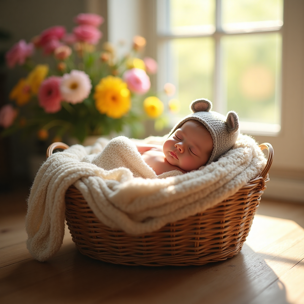 At the bottom of the Photorealistic picture taken from a camera image, include the text: "From 3 to 4".

---

**Image Description:**

A heartwarming scene captures the essence of new beginnings. In the center of the image, a photorealistic depiction of a peaceful sleeping newborn baby nestled gently in a woven basket, surrounded by soft, plush blankets. The baby, with delicate features and rosy cheeks, is wearing an adorable knitted hat with small animal ears. The basket rests on a wooden floor, bathed in natural light streaming from a nearby window, creating a warm and inviting atmosphere. In the background, a soft-focus array of colorful, blooming flowers adds a touch of vibrancy and life, symbolizing the blossoming of a new family chapter. This image exudes tranquility and tenderness, perfect for celebrating the arrival of a new family member.
Generated with these themes: .
Made with ❤️ by AI.