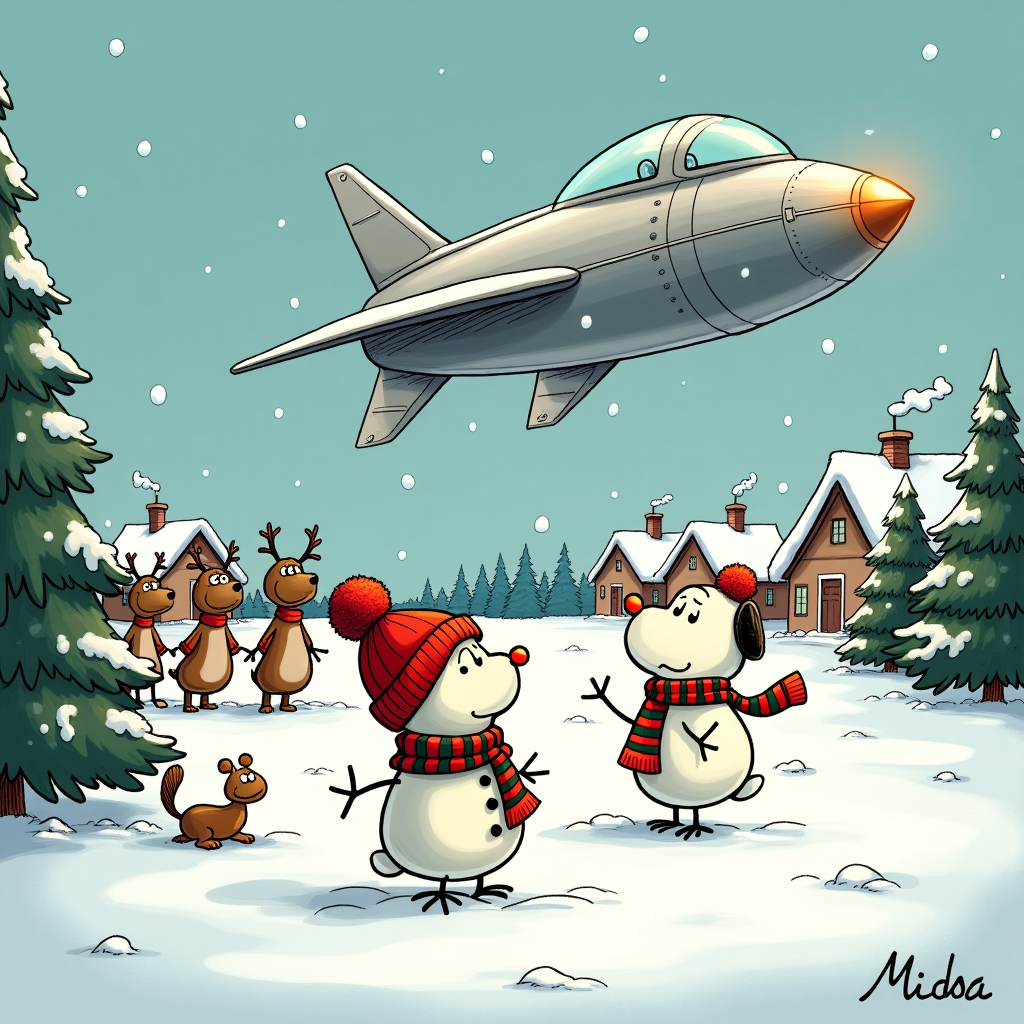 In this whimsical Christmas card scene, a snow-covered landscape stretches across the foreground, blanketed with a thick layer of glistening white powder. In the style of Charles Schulz's Peanuts, cheerful snowmen with button eyes and carrot noses are scattered about, each sporting a scarf knitted with mismatched colors reminiscent of a quirky Bill Watterson character. In the center, a Calvin-like figure, wearing a red woolen hat with an oversized pom-pom, gazes upwards with wide eyes of astonishment.

Above, a sleek, retro-futuristic spaceship, reminiscent of something Osamu Tezuka might dream up, hovers just above the snow-covered treetops. The spacecraft, with its metallic body gleaming under the winter sun, features a classic dome-shaped cockpit and sleek, art-deco fins, channeling a mix of 1950s sci-fi and Disney's Tomorrowland. Snowflakes gently fall, some landing on the spaceship, making it shimmer like an unexpected holiday ornament.

To the left, a group of astounded reindeer, drawn with the expressive features of Gary Larson's The Far Side characters, are frozen mid-trot, their antlers festooned with twinkling Christmas lights as if they'd just been stopped by this intergalactic spectacle during their annual festive rounds. A few of them look perplexed, their big, cartoonish eyes reflecting the spacecraft's glow.

Meanwhile, a mischievous squirrel, inspired by R. Crumb's underground comix, peeks out from behind a snow-draped fir tree, holding a tiny alien antenna found in the snow. His expression is one of playful curiosity, his tail twitching as if he’s ready to bolt into the nearest snowy burrow.

In the background, Hergé’s clean lines manifest a picturesque village with steeply angled, snow-covered rooftops, each chimney puffing wisps of cozy smoke into the crisp, clear sky. The entire scene is a blend of the familiar and the fantastical, capturing a moment of wonderment and whimsy where holiday cheer meets the unexpected thrill of the universe.
Generated with these themes: snow scene and space ship.
Made with ❤️ by AI.