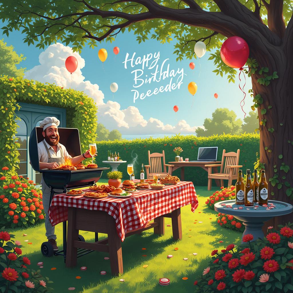 In the scene, envision a vibrant and lush garden during a sunny afternoon. The garden is meticulously maintained with neatly trimmed hedges and vibrant flower beds in full bloom. At the center of the garden stands a large, rustic wooden table covered with a checkered tablecloth. On the table, an array of food is artfully arranged, dominated by a sizzling BBQ grill to the side where juicy burgers, sausages, and skewers of vegetables are being cooked. The grill master, a cheerful character with a chef's hat, is flipping burgers with one hand while raising a glass of Pinot Grigio white wine in the other, smiling at the scene.

To the right of the table, a cozy seating area is set up with lawn chairs and a small round table holding a bucket filled with ice and bottles of Birra Moretti lager beer, their labels clearly visible. The bottle caps are scattered around, some floating in a nearby birdbath that adds a touch of whimsy to the garden. 

In the background, under the shade of an ancient oak tree, is a computer desk with a sleek laptop open, displaying a virtual birthday message. Balloons and streamers hang from the tree branches, contributing to the festive atmosphere. The sky is a perfect blue with fluffy clouds, and in one of those clouds, the words "Happy Birthday Peeeeder" are artistically written, making it seem like the sky itself is celebrating Peeeeder's special day.

This scene tells a story of a joyful birthday celebration that seamlessly incorporates all the specified themes into a cohesive and visually engaging tableau, ensuring that every element is detailed and integral to the scene.
Generated with these themes: BBQ , Pinot grigio white wine , Birra Moretti lager beer , Garden , and Computer .
Made with ❤️ by AI.