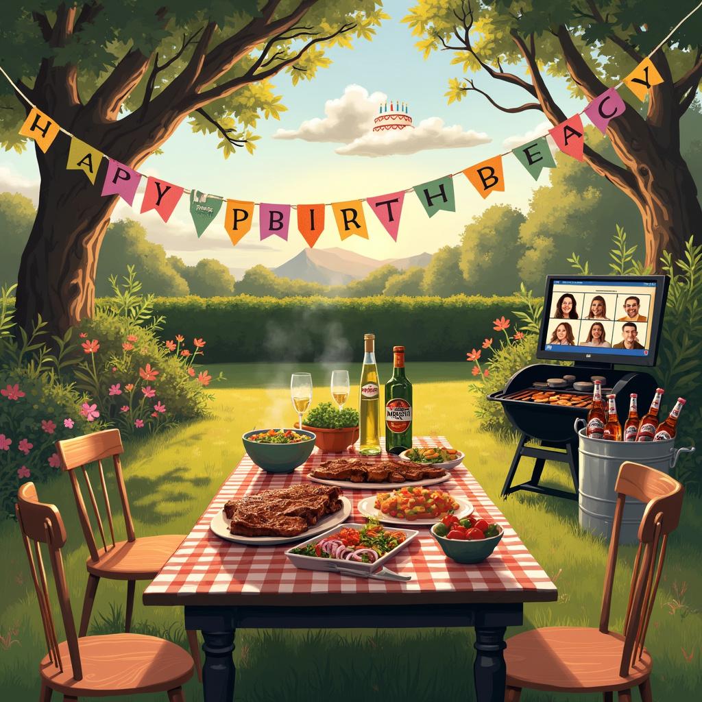 In a lush garden, bathed in the soft golden glow of a late afternoon sun, an outdoor birthday celebration is in full swing. A large, rustic wooden table occupies the center of the scene, draped with a gingham tablecloth. The table is adorned with a variety of delicious foods: a platter of sizzling BBQ ribs, grilled vegetables, and a variety of colorful salads in ceramic bowls.

On one side of the table, a tall, elegant bottle of Pinot Grigio white wine is open, with a half-poured glass next to it, the condensation visible on the bottle. On the other side, several frosty bottles of Birra Moretti lager beer are nestled in an ice-filled metal bucket, their labels clearly visible. 

To the right of the table, an old-fashioned charcoal grill emits gentle smoke, with a few skewers of marinated meats and vegetables cooking to perfection. 

In the background, a computer screen on a small garden table catches the eye. It is propped open with a video call window showing a group of smiling faces, all there to wish Peeeeder a happy birthday from afar. 

Above the scene, strung between two sturdy oak trees, a vibrant banner made of colorful fabric triangles spells out "Happy Birthday Peeeeder" in bold, playful letters.

The grass beneath is dotted with patches of wildflowers, and a few cozy, mismatched garden chairs are scattered around, inviting guests to sit and enjoy the feast. 

In the sky, a few fluffy clouds are visible, with one cloud subtly shaped like a birthday cake with candles, adding a whimsical touch to the otherwise serene garden setting. 

Every element of the scene is carefully placed to create a harmonious and inviting atmosphere, celebrating Peeeeder's special day with elegance and charm.
Generated with these themes: BBQ , Pinot grigio white wine , Birra Moretti lager beer , Garden , and Computer .
Made with ❤️ by AI.