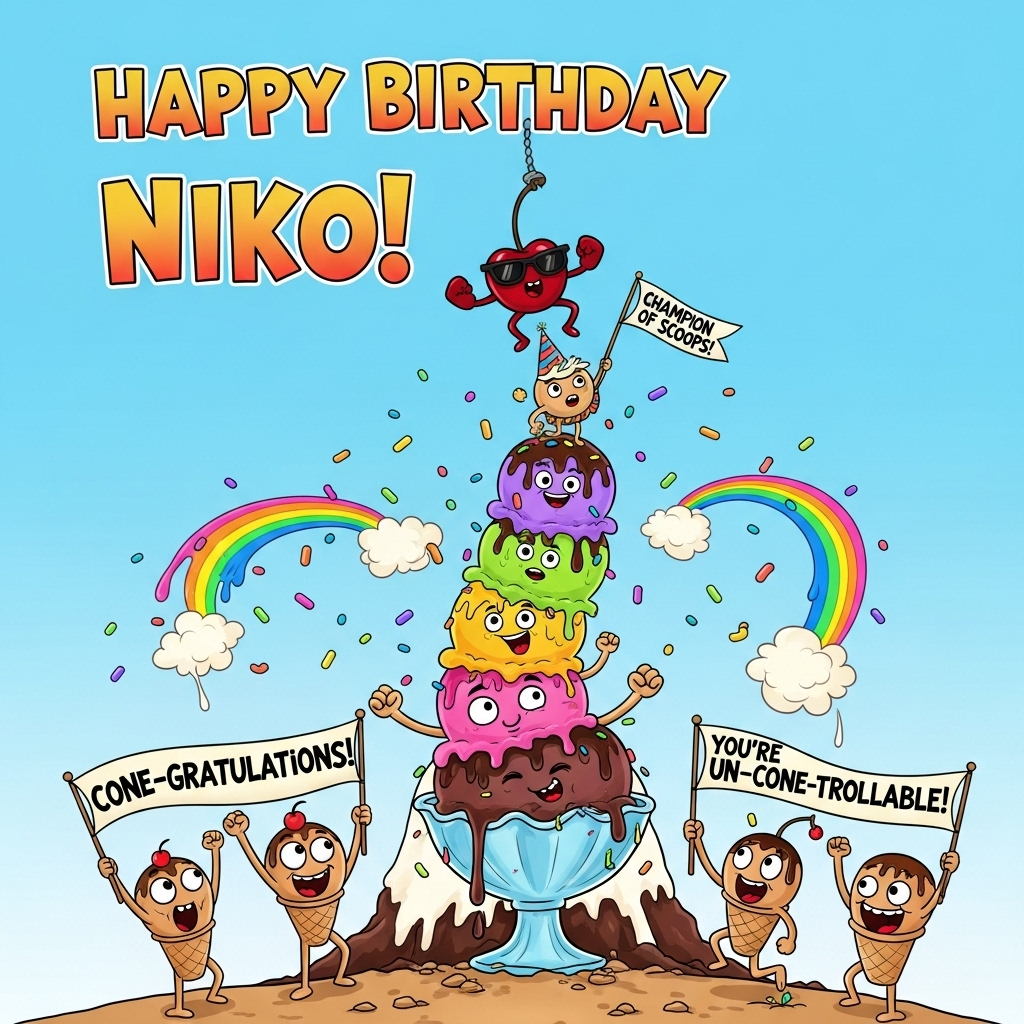 At the top of the Cartoon Style image, big bubbly letters spell out: **"Happy Birthday Niko!"**

A funny cartoon scene: A giant ice cream sundae mountain with scoops stacked sky-high, wobbling comically. At the summit, a little cartoon Niko character (big head, tiny body, party hat) waves a tiny flag that says *"Champion of Scoops!"* Bright, drippy rainbow sprinkles rain down like confetti, while cheeky cartoon ice cream cones with googly eyes cheer and hold up banners saying *"Cone-gratulations!"* and *"You’re un-cone-trollable!"* A cheeky cherry with sunglasses dangles at the top, striking a heroic pose. The whole scene bursts with playful energy, exaggerated expressions, and bold, vibrant colors.
Generated with these themes: Ice Cream, and .
Made with ❤️ by AI.