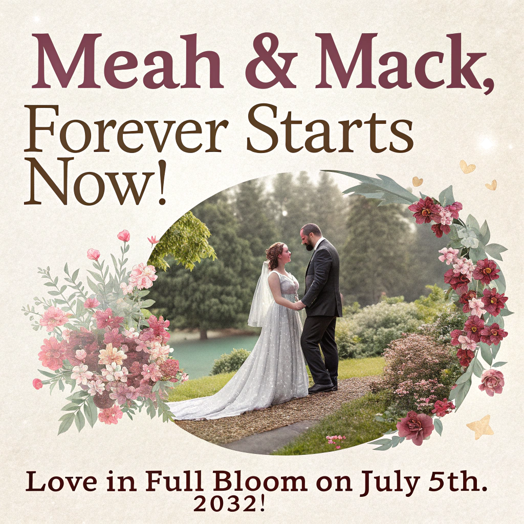 We invite you to the wedding of meah and mack  , Bride and groom , July 5th 2032 , Flower border, and Wedding Card