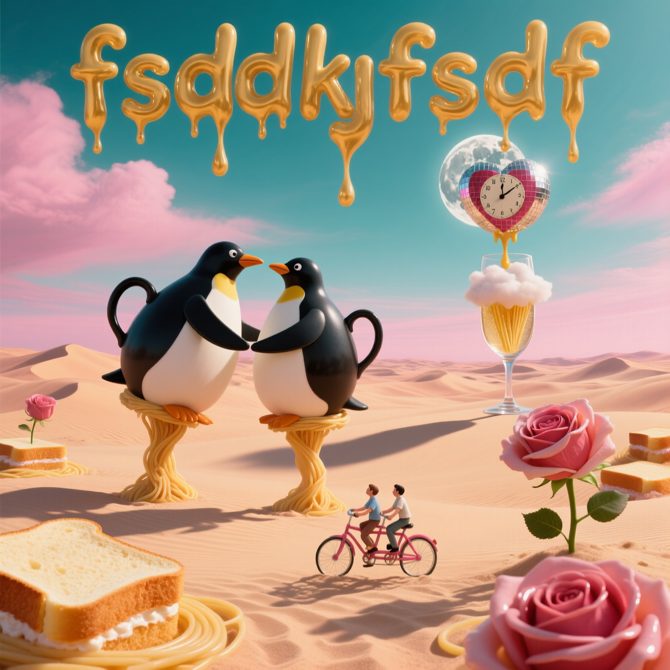 At the top of the Surreal Style image, the text **"fsdfsdfsdf"** appears in floating, melting golden letters that drip upward into the sky.  

A dreamlike, Dali-inspired anniversary scene: a vast desert made of swirling sponge cake dunes under a pink-and-aqua sky, where two giant teapots shaped like penguins slow-dance on stilts made of spaghetti. In the distance, a clock shaped like a heart is melting over the edge of a giant champagne flute filled with clouds. Oversized roses sprout from the sand, their petals made of shiny buttered toast, and a pair of tiny humans ride past on a tandem bicycle made entirely of jelly. The lighting is warm and ethereal, with long impossible shadows stretching toward a floating moon that’s also a disco ball. The mood is whimsical, romantic, and absurdly funny.  
Generated with these themes: Ffff, and .
Made with ❤️ by AI.