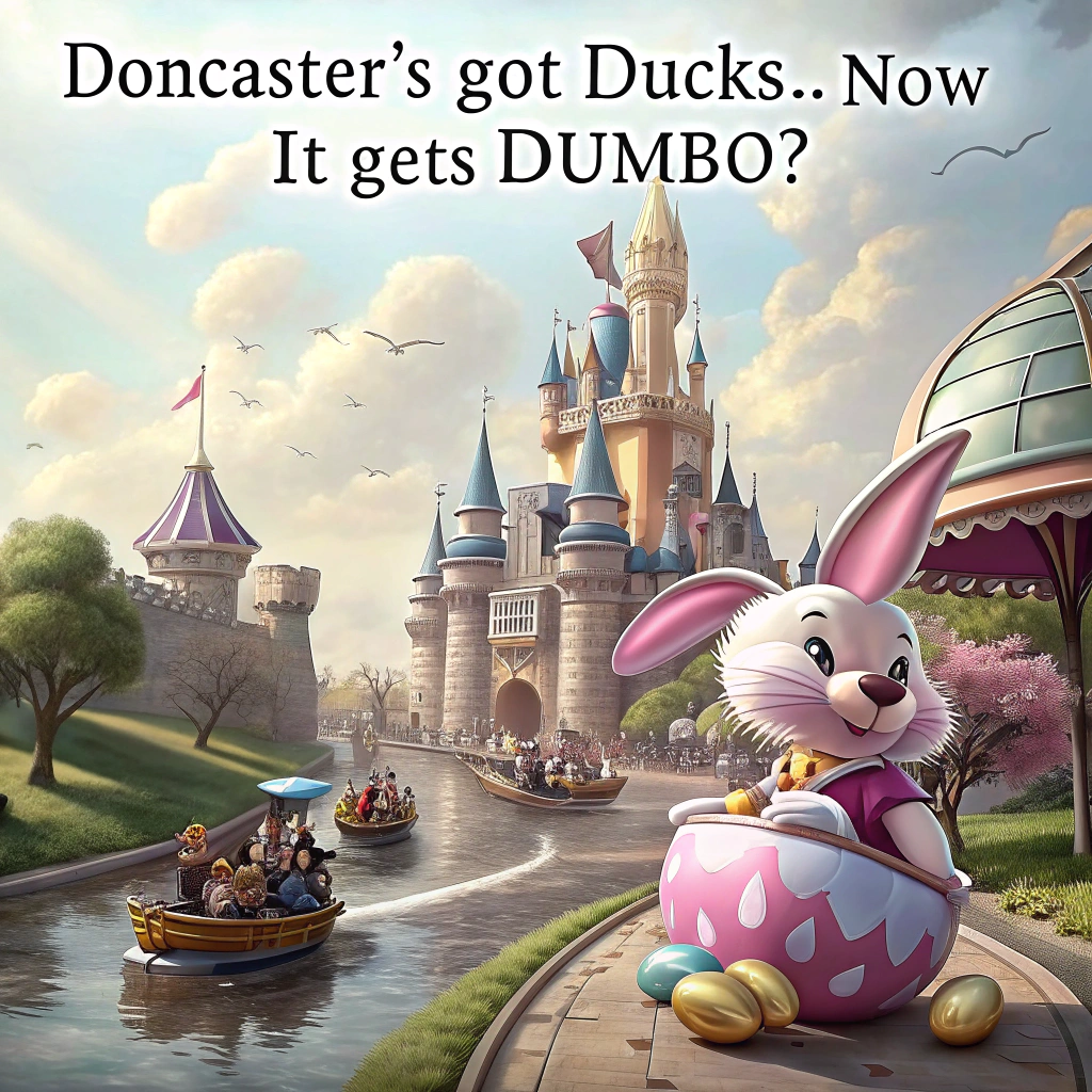 At the top of the image, "Doncaster's got ducks... now it gets Dumbo?"

- Create a surreal, whimsical illustration of a fantastical Easter parade taking place in a half-built Disneyland in Doncaster.  
- In the foreground, a pastel-pink Mickey Mouse ears-wearing Easter Bunny rides a Yorkshire Terrier-sized Dumbo ride, which floats just inches above a puddle-strewn high street.  
- To the left, castle turrets made of giant Cadbury Creme Eggs melt into an old railway station, where cheerful marshmallow chicks queue under a sign that reads “Easterland — Opening Soon(ish)!”  
- Suspended in the cloudy sky, floating teacups orbit an enormous cracked Fabergé egg, revealing a glowing theme-park map with ‘Doncaster’ scribbled in chocolate script.  
- Scattered daffodils hold lollipops instead of blooms, and tiny mice in Cinderella gowns distribute glittering train tickets shaped like Peeps.  
- A surreal mist hovers through it all, adding a dreamy haze over the chaotic confection.
Generated with these themes: A plan for disneyland in Doncaster .
Made with ❤️ by AI.