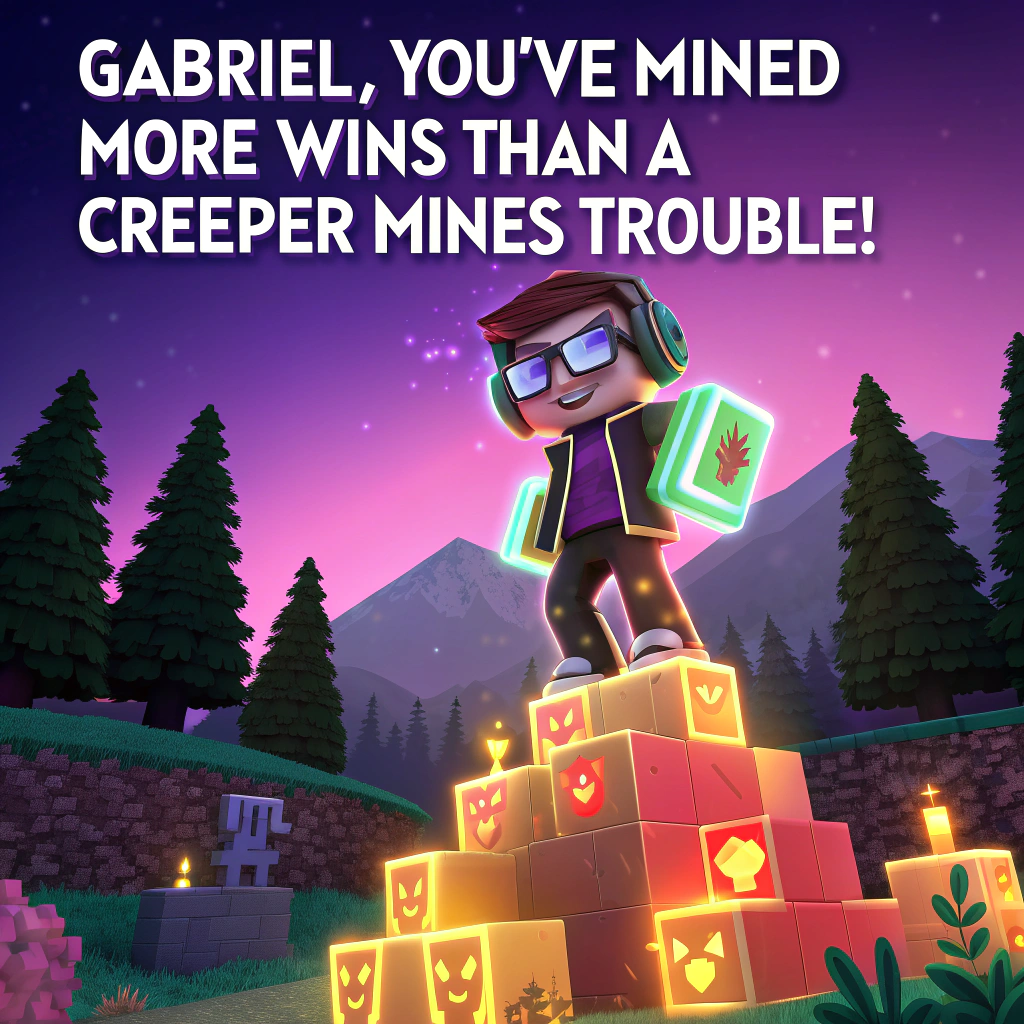 At the top of the image, "Gabriel, you've mined more wins than a creeper mines trouble!"

- Create an abstract, humorous scene in neon colors inspired by a Minecraft aesthetic.
- Feature a blocky, pixelated teenage boy avatar (hinting at Gabriel) wearing chunky neon headphones and oversized square glasses.
- He is standing on a neon-lit mountain of glowing, cube-shaped trophies and gamer badges, stacked haphazardly like Minecraft blocks.
- In the background, pixelated trees and mountains shimmer in shades of electric blue, neon green, hot pink, and vibrant purple.
- Around him, little blocky pixel fireworks explode in silly shapes like thumbs-ups, pizzas, and video game controllers.
- Make sure the image stays funny, vibrant, and wildly abstract — like a chaotic gamer’s dreamscape after a big achievement! 
- No text except the funny line at the top.
Generated with these themes: A teeage boy, avid gamer, no text, neon colors, minecraft style.
Made with ❤️ by AI.