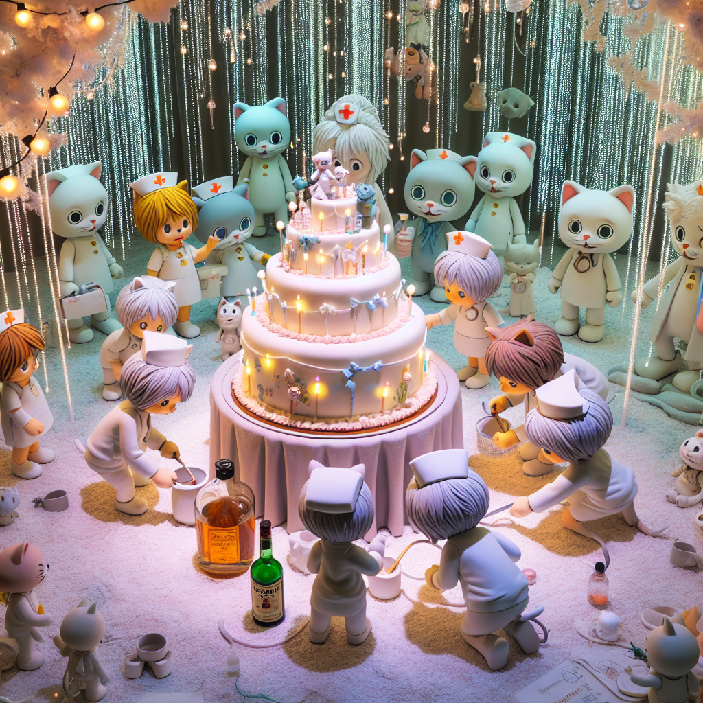 Imagine a charming birthday scene where anthropomorphic cats, dressed in nurse uniforms, are bustling around and setting up the party under strands of pastel-colored fairy lights. There are also humorous ghost figures that add a light-hearted eerie touch to the scene. One of these apparitions is comically engaging with a bottle of an Irish cream liqueur. The entire setting exudes a captivating charm, with the warmth of the event being perfectly captured in the radiance of a centerpiece cartoon-themed birthday cake.
Generated with these themes: Cats ghosts bailey's  nurse.
Made with ❤️ by AI.