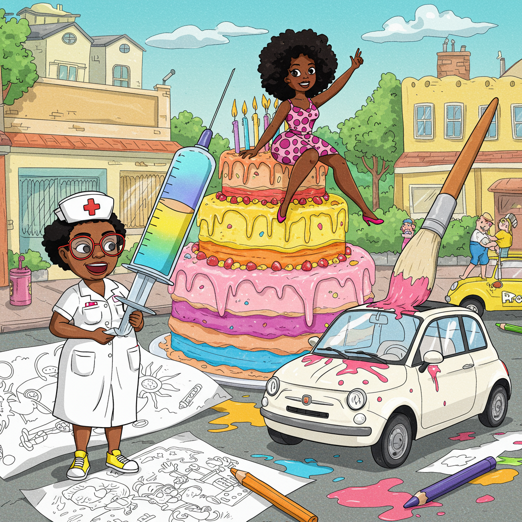 In the vibrant and humorous scene for the birthday greeting card, imagine a bustling cartoon world filled with quirky details and bold colors inspired by the classic styles of iconic illustrators.
Foreground:
- **Nurse**: A comically exaggerated nurse stands in the foreground, wearing a crisp white uniform with an oversized hat adorned with a bright red cross. Her features are cartoonishly exaggerated—big, round glasses and a wide, friendly grin. She's holding an enormous syringe filled with rainbow-colored liquid, playfully pointing it towards the sky. Her skin is a deep, rich mahogany color, and she’s wearing bright yellow sneakers that seem too large for her feet.
- **White Fiat 500**: Parked slightly askew nearby, there’s a gleaming, cartoonishly small White Fiat 500. Its windows are wide-eyed, and it seems to have a personality of its own, with a smiling front grille. A large paintbrush is humorously sticking out of the sunroof, dripping bright colors like purple, pink, and turquoise onto the car's surface.
Background:
- **Coloring Theme**: A giant, oversized coloring book lays open on the ground, the pages filled with outlines of playful, whimsical scenes. Scattered crayons and colored pencils surround it, their colors echoing the vivid hues found throughout the scene—lime green, electric blue, sunny orange, and vibrant red.
- **Dark Features Female**: In the backdrop, a dark-featured female character with striking black hair is perched on top of an enormous birthday cake. Her hair is styled in exaggerated, bouncy curls, and she's playfully dangling her legs over the edge of the cake. She wears a chic, polka-dotted dress with bright magenta and white spots.
- **Birthday Elements**: The towering cake she's seated on is a multi-layered spectacle, each tier a different vibrant color, dripping with oversized candy decorations and sparklers shooting upward. Balloons in every imaginable shade float around, their strings dancing in the gentle cartoon breeze.
Sky:
- The sky above is a clear, cartoonish blue, dotted with fluffy white clouds. A banner unfurls between two of the clouds, bearing the name "Ffion" in bright, cheerful letters. The banner is an explosion of colors itself, featuring polka dots and stripes that match the colors of the scene below.
Overall, the card presents a lively and colorful tableau, filled with whimsical, exaggerated characters and elements, all coming together to celebrate in an exuberant cartoon wonderland.
Generated with these themes: Nurse, Colouring, Dark features female, and White Fiat 500.
Made with ❤️ by AI.