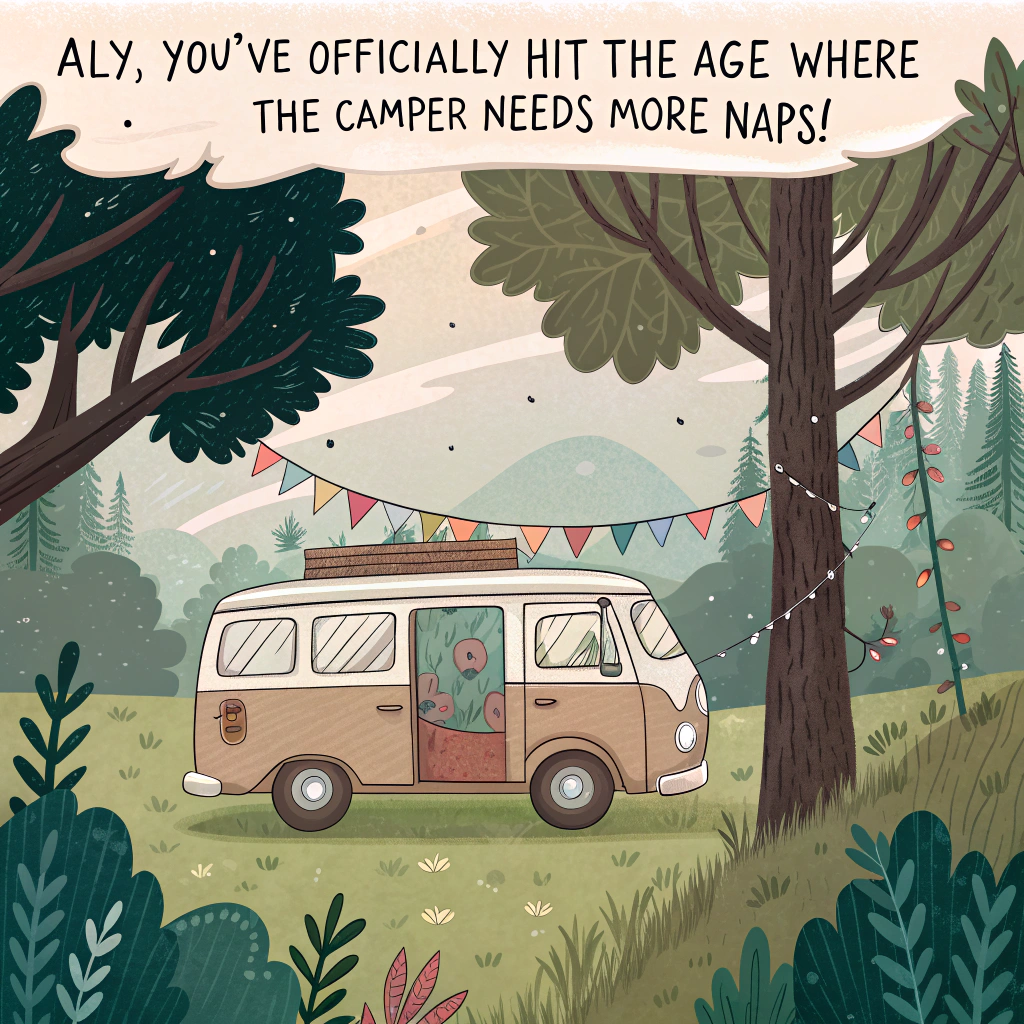 At the top of the image, "Aly, you've officially hit the age where the camper needs more naps than miles!"

- Create a realistic photograph-style scene of a vintage, slightly wonky camper van parked in the middle of a quiet forest glade. The camper van is decorated with over-the-top birthday banners, mismatched streamers flapping lazily in the breeze, and a half-deflated "Happy Birthday" balloon tangled in a nearby tree branch.

- A hammock is strung from the side mirror of the van to a nearby tree, where a pair of wooly socks and an abandoned cupcake napkin dangle off one end.

- Nearby, a sleepy golden retriever wearing a tiny birthday hat lounges beside a tipped-over camping chair, while smoke curls gently from a neglected birthday candle stuck into a stack of s'mores.

- The mood should be peaceful but absurd — the party looks like it barely got started before nap time kicked in.
Generated with these themes: Camper van.
Made with ❤️ by AI.