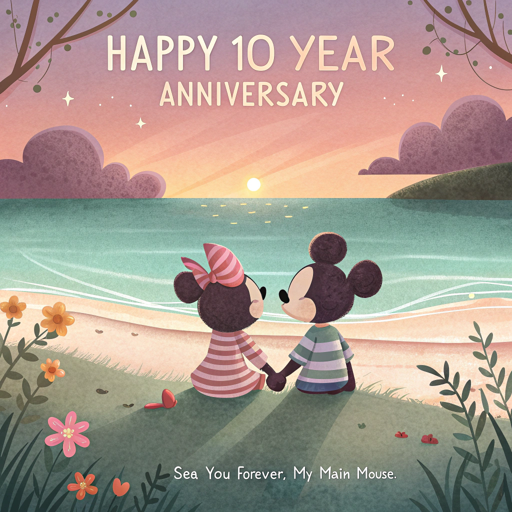 At the top of the Watercolor Style image, "Happy 10 Year Anniversary"

At the bottom of the image, "Sea you forever, my main mouse."

- Romantic watercolor beach at golden hour: a soft peach-to-lavender sky melting into a tranquil teal sea, with delicate gradients, subtle pigment blooms, and visible natural paper texture.
- Center scene: Mickey Mouse and Minnie Mouse as tender, soft-edged silhouettes on a striped beach blanket, holding hands and gazing at the sunset; iconic round ears, gentle hints of red shorts and a polka-dot bow rendered in translucent washes.
- A heart-shaped glimmer in the sun’s reflection on the water; two sets of footprints intertwined in the sand; seashells arranged to form a subtle “10”; a few scattered starfish and wispy seagrass.
- Loose palms framing the sides, faint gulls suggested with minimal brush marks; dry-brush foam along the shoreline; salt-speckled sand for texture; airy splatters for sparkle.
- Composition: portrait, generous sky at the top for the headline and a clean, light wash of sand at the bottom for the punch-line. Hand-lettered brush script with a slight watercolor bleed—deep navy for the top text, warm coral for the bottom. Text is the hero, with the scene softly supporting the romance.
Generated with these themes: Mickey and beach, and .
Made with ❤️ by AI.