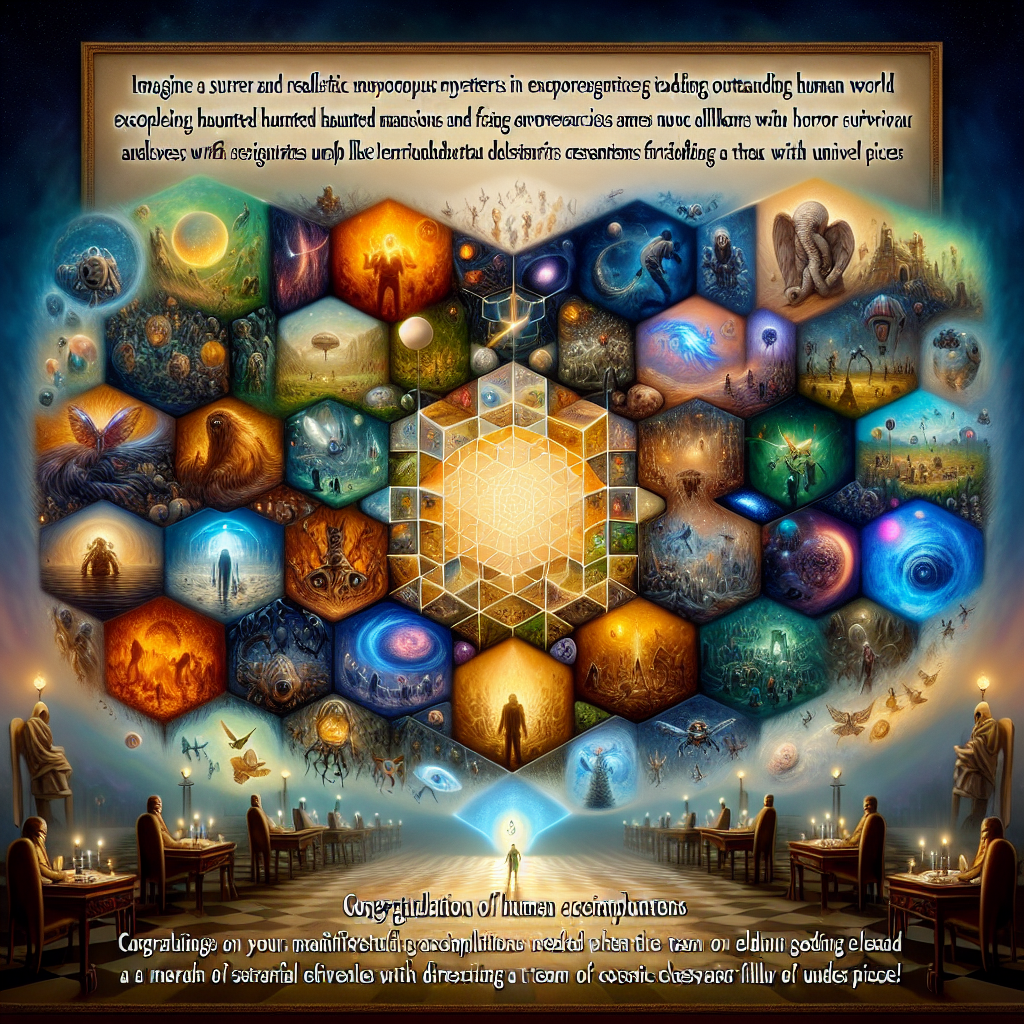 Imagine a surreal and realistic world, a complex tableau where metaphoric events and scenes represent outstanding human achievements. This world resonates with the thrill of decoding mysteries, akin to exploring haunted mansions and facing monstrous adversaries as in horror survival video games. Simultaneously, it encapsulates the strategic brilliance needed when leading a team of extraordinary individuals with diverse abilities, much like directing a cosmic chessboard filled with unique pieces. Congratulations on your magnificent accomplishment in this vividly interconnected universe!
Generated with these themes: Video games, Resident Evil, and Marvel Champions .
Made with ❤️ by AI.