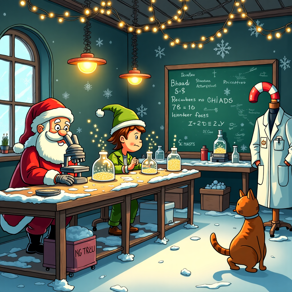 The scene unfolds inside a bustling, whimsical Christmas-themed laboratory. Picture a cozy, snow-covered exterior, reminiscent of Charles Schulz's Peanuts winter scenes, with a cartoonish, yet intricate structure, much like the timeless buildings from Hergé's Tintin adventures. Through the frost-dappled windows, we peer into the lab where a group of quirky scientists, styled with Bill Watterson’s flair for humorous character designs, are at work. 

The main focus is a long wooden workbench that stretches across the foreground, cluttered with an eclectic mix of holiday and scientific paraphernalia. On one end, a jolly Santa Claus, donning a lab coat over his traditional red suit, peers intently through a microscope that's dusted with snowflakes, a nod to Walt Disney's attention to charming details. His bushy eyebrows are raised in comical surprise as he discovers that snowflakes are actually tiny festive stars.

Next to Santa, an Astro Boy-esque robot elf with a green hat and a cheeky grin is carefully measuring a bubbling, luminescent concoction in a beaker, its contents swirling with glitter that sparkles like tinsel. Meanwhile, an old-fashioned chalkboard in the background is covered in Gary Larson-style cartoons—snowmen equations and reindeer flight trajectories—sketched with humorous precision.

Hovering over the entire scene, a massive strand of twinkling Christmas lights zigzags across the ceiling, casting a warm glow reminiscent of R. Crumb's vibrant, chaotic illustrations. In one corner, a bright, oversized candy cane acts as a support beam, its stripes twisted like those found in Winsor McCay’s dreamscapes. A small calico cat, perhaps a nod to the whimsical sidekicks from Osamu Tezuka’s works, playfully bats at a fallen ornament, its reflection gleaming on the polished lab floor.

Hanging from a hook on the back wall is a white lab coat with "Dr. Claus" embroidered in festive gold, a playful detail in line with Art Spiegelman's attention to narrative through visual cues. This scene invites viewers into a world where holiday magic meets scientific discovery, each element harmoniously weaving together to tell a story as vibrant and dynamic as a holiday pageant in a comic book.
Generated with these themes: Science, Lab, Research .
Made with ❤️ by AI.