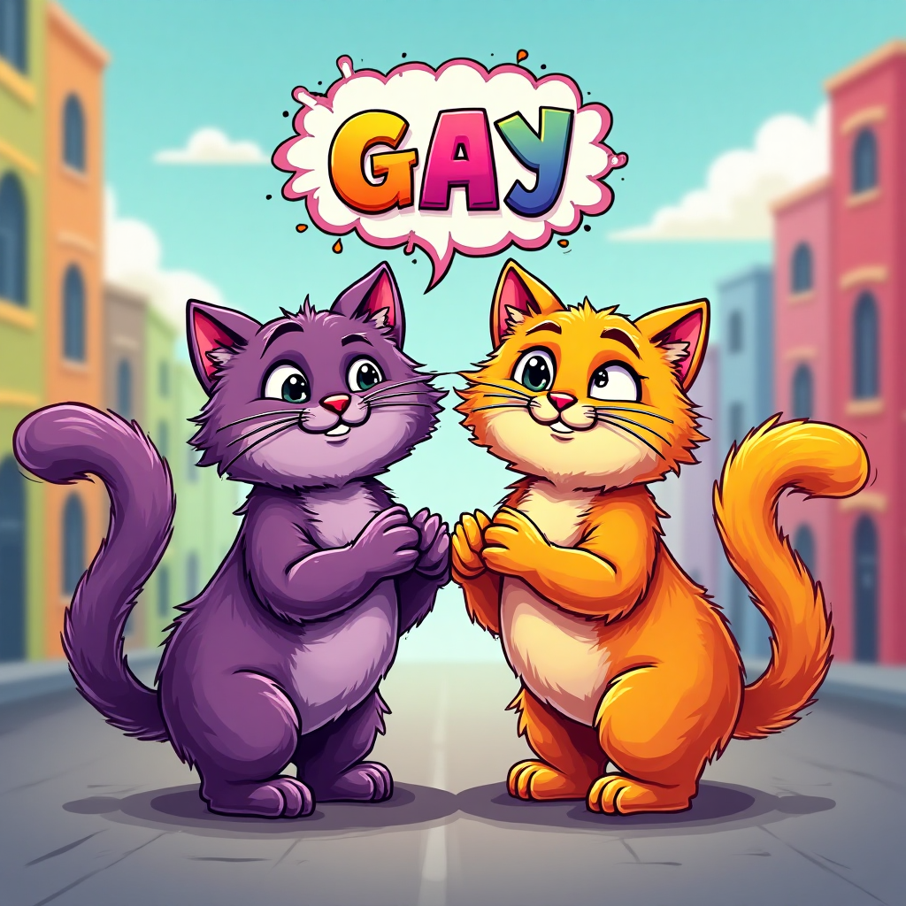 At the top of the Cartoon Style image, place the word "gay" in bold, colorful letters with a playful font.

Image Description: Create a vibrant and cheeky cartoon scene featuring two anthropomorphized cats, one with an exaggerated smirk and the other rolling its eyes, surrounded by a splash of rainbow colors. The cats are in a playful pose, standing on their hind legs with exaggerated, bushy tails forming a heart shape. Each cat is playfully exaggerated with bright, saturated fur colors, one being a bright purple and the other a vivid orange. Between them, a cheeky speech bubble reads, "Purr-fectly Pawsome!", in a bold, comic-style font. The background is a lively cityscape in pastel hues, adding to the whimsical and playful mood.
Generated with these themes: Cunt, Pussy, and .
Made with ❤️ by AI.