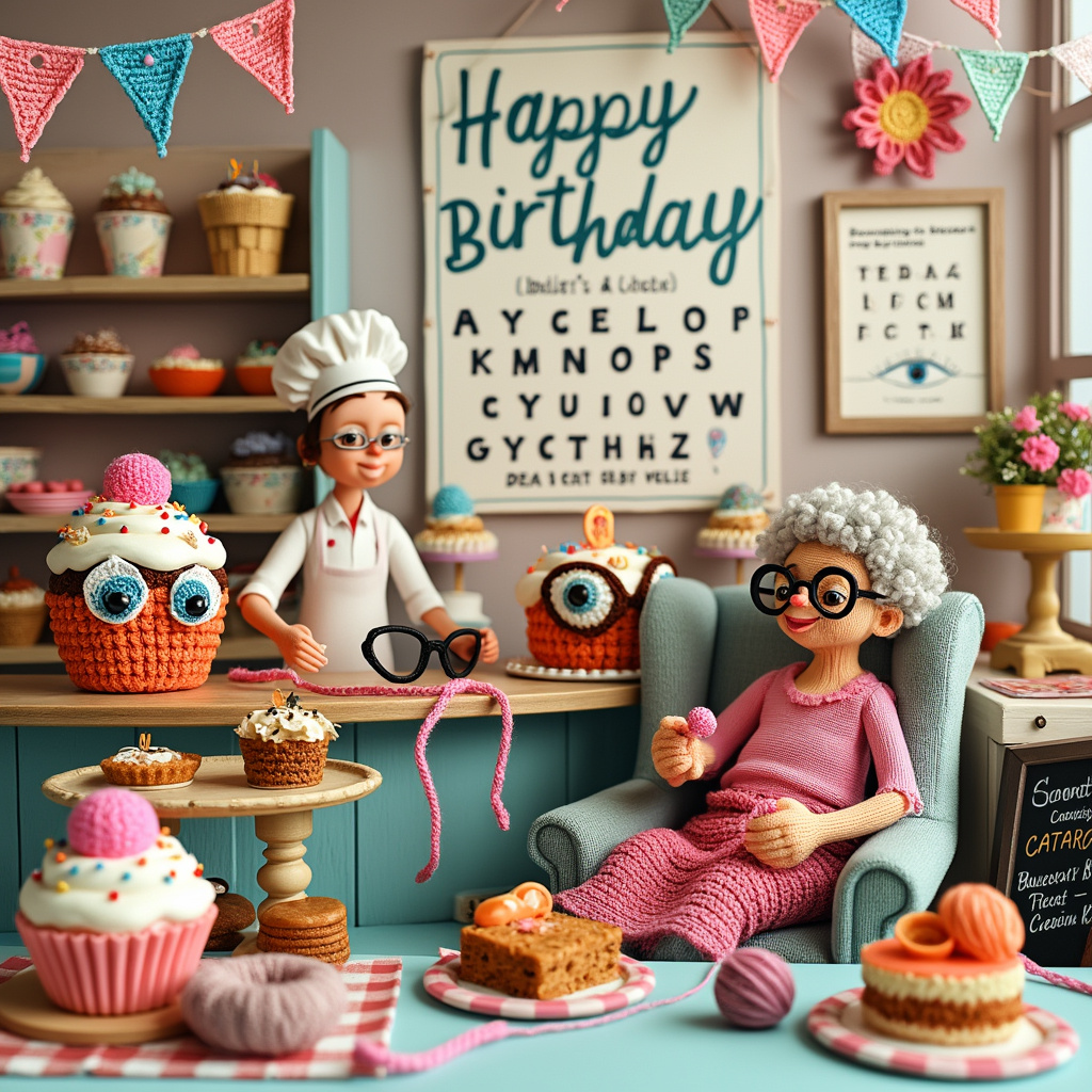 The birthday card front cover showcases a bustling, whimsical bakery-optometry combo shop, with a crochet twist! Picture a cozy, vintage-style bakery adorned with pastel bunting and a big sign that reads "Happy Birthday!" in colorful, yarn-knitted letters. On the left side, an optometrist's station is set up with a whimsical twist – an oversized pair of crochet eyeglasses sits atop a checkered tablecloth-draped counter. The optometrist, a cheery figure in a chef's hat and apron, is using a piping bag filled with frosting to decorate a giant cupcake shaped like an eyeball, complete with crochet sprinkles and fondant eyelashes.

In the middle, a shelf lined with cakes and pastries doubles as a display for an array of stylish, crochet-covered eyeglasses. Behind the counter, the walls are decorated with eye charts made entirely out of small, meticulously crocheted letters, and a framed crochet diagram of the human eye. Customers, a mix of people and anthropomorphic baked goods, browse the selection while wearing their crochet glasses. 

On the right, a jovial granny character is seated in a comfy armchair, knitting a birthday cake with yarn. Her crocheted cat is playfully batting at a ball of yarn that has rolled under the chair. Nearby, a display table is set with crochet-themed baked goods like yarn ball cookies, crochet hook breadsticks, and a birthday cake shaped like a pair of spectacles, complete with lenses made from translucent sugar.

Everywhere you look, there are delightful details: a crochet cupcake tier stand, tiny knitted muffins, and a chalkboard menu listing eye-themed treats like "Carrot Cake Cataracts" and "Blueberry Bifocals." The scene is a playful, intricate celebration of optometry, baking, and crochet, all woven together in a fun and imaginative birthday celebration.
Generated with these themes: Optometry , Baking, and Crochet .
Made with ❤️ by AI.