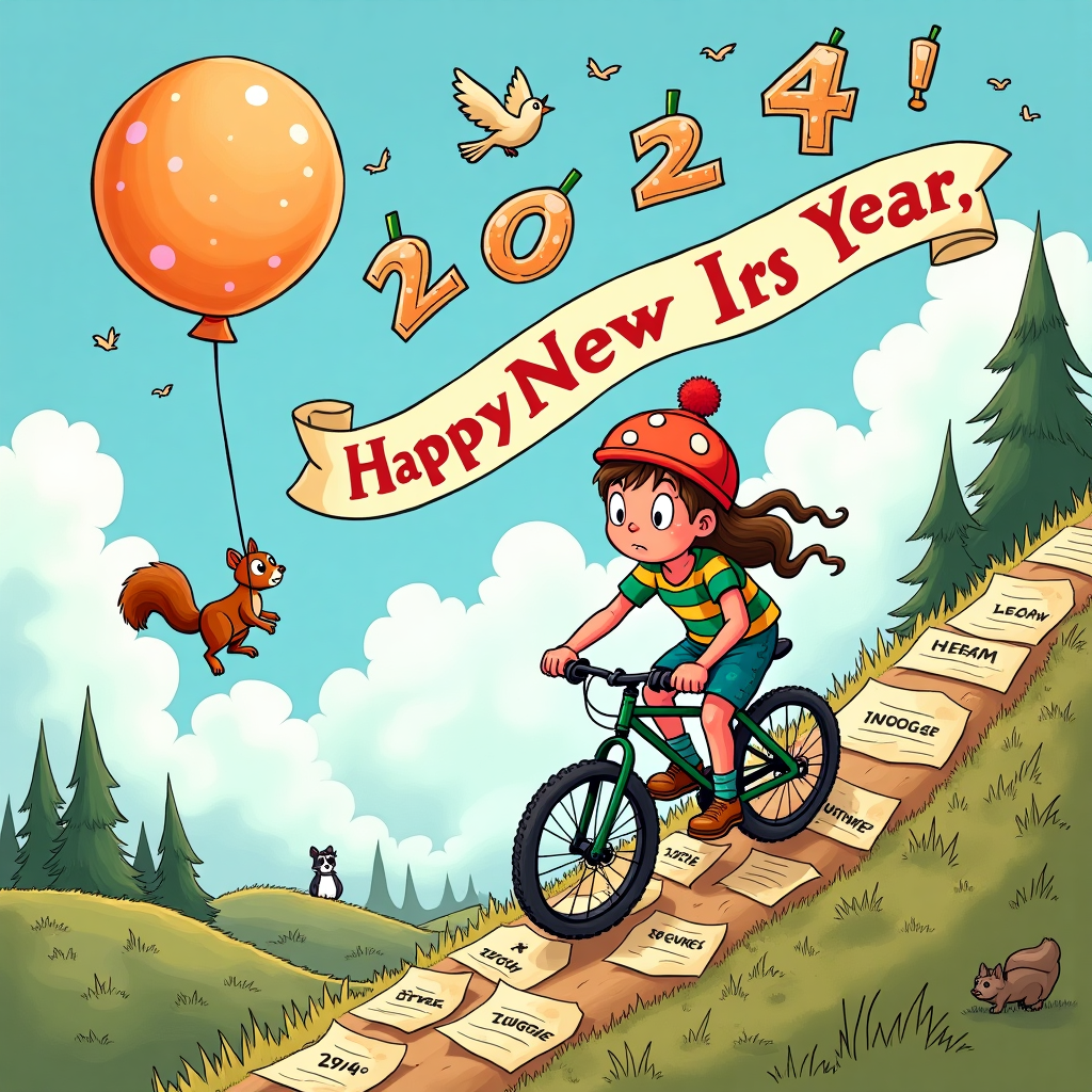The front cover of this New Year's greeting card unfolds like a whimsical tableau, borrowing elements from beloved illustrators while spinning its own eccentric yarn. In the foreground, a slightly bewildered yet determined mountain bike rider, complete with exaggerated cartoonish features, is tackling a steep, rolling hill. The hill is constructed out of a cascade of discarded New Year's resolutions—wavy banners that read things like "Go Vegan," "Learn to Juggle," and "Master the Ukulele." The rider is decked out in a vividly colored outfit with polka dots and stripes, his helmet shaped like a celebratory party hat with a pom-pom on top.

Above, the sky is a lively collage of comical characters and symbols that nod to a festive new year. Amongst fluffy, pastel-colored clouds, cherubic figures dressed in period-accurate 1920s New Year's garb are floating with champagne flutes and party streamers. A small but robust band of anthropomorphized 2024 digits, each with tiny top hats, are mid-conga line. 

In the center of the sky, where the heavens are especially clear, a flock of cheerful doves is soaring, carrying a sky banner that spells out "Happy New Year, Greyton MTB!" in grand, looping letters that resemble colorful fireworks bursts. To the left, a mischievous squirrel is hitching a ride on a stray balloon shaped like a giant bicycle wheel, nodding to the rider's adventure below. 

In the background, the landscape is dotted with comic trees resembling those from a Charles Schulz world—simple, yet whimsically bent by a gentle breeze. Scattered throughout the scene are nods to other artists: a suspicious-looking cat wearing a trench coat peeks out from behind a tree (a playful nod to Hergé's Tintin), while a black-and-white character resembling a jazz-era Max Fleischer creation tips his hat to the rider.

This comical, busy scene, brimming with absurdity and nods to classic artists, weaves together a story of new beginnings, adventure, and a touch of chaos—all anchored by the mountain biker's uphill journey into the new year, celebrated by the message for Greyton MTB.
Generated with these themes: Mountain Bike rider.
Made with ❤️ by AI.