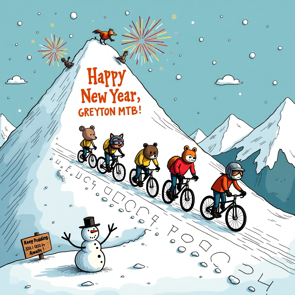 In this whimsical New Year's greeting card scene, imagine a playful mountain bike race down a snowy peak, reminiscent of a Charles Schulz comic with a touch of Bill Watterson's humor. The mountain itself is cartoonishly exaggerated, with exaggerated swooping curves and a sprinkling of snow that sparkles like confetti in the sunlight. At the summit, a group of quirky animal characters, each donning cycling gear, are lined up at the starting line. There's a bear in a bright red cycling jersey, a fox with aviator goggles, and a raccoon wearing a helmet too large for its head, evoking Gary Larson's knack for visual humor.

As the riders zip down the mountain, the snow-capped landscape transforms into a thrilling adventure playground. The trail twists and turns, forming the words "Happy New Year, Greyton MTB!" along the path, crafted from the tracks left by their tires, a playful nod to Hergé's inventive use of line and shape. In the sky above, fireworks burst into colorful blooms, with Osamu Tezuka-style robot birds flying through the air, casting a kaleidoscope of colors on the snow below.

To the side of the trail, an animated snowman, inspired by Walt Disney's expressive characters, cheers them on with a wooden sign reading "Keep Pedaling, 2024 Awaits!" While in the foreground, a tiny Calvin-and-Hobbes-like character mischievously throws snowballs at passing cyclists, his face lit up with a cheeky grin. The card is bordered by a frame of snowflakes, each uniquely drawn like R. Crumb's meticulous detail work, encapsulating the playful chaos of this New Year's mountain biking extravaganza.
Generated with these themes: Mountain Bike rider.
Made with ❤️ by AI.
