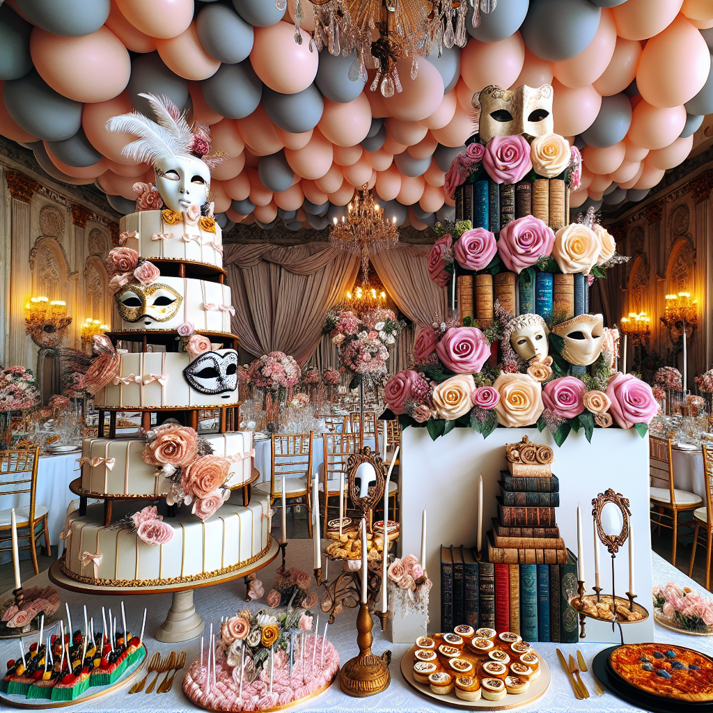 Imagine an elaborate birthday party with an elegant decoration inspired by the Regency era. The room is filled with balloons and streamers in soft pastel colors, evoking a sense of warmth and coziness. The tables are adorned with creative centerpieces. Mask-shaped decorations and roses make for unique table features, reminding guests of grand theater performances. Book towers artfully arranged at the buffet table, along with a varied selection of finger foods and mini pizzas. The highlight of the party is the dessert table where a multi-tiered birthday cake stands tall. Each layer of the cake is intricately designed, paying tribute to popular theatrical productions and literature cherished by the birthday celebrant.
Generated with these themes: Bridgerton, Phantom of the opera , Cats , Books , and Pizza.
Made with ❤️ by AI.