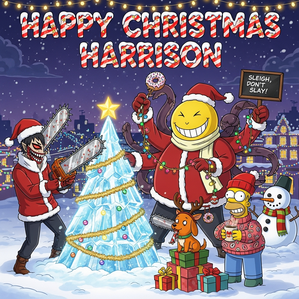 At the top of the Cartoon Style image, “Happy Christmas Harrison” in big candy-cane striped letters with snowy frosting and sparkling stars

Playful, funny Christmas scene in a bright, saturated cartoon style with thick black outlines, exaggerated proportions, and energetic poses. In a snowy town square, Denji (Chainsaw Man) wears a Santa hat and cheerfully carves a glittering ice Christmas tree with a candy-cane–striped chainsaw decked with tiny jingle bells (no blood, just snowy confetti spraying like party poppers). Koro-sensei from Assassination Classroom, in a plush red Santa suit with a long cozy scarf, beams his giant yellow smile while multiple tentacles whirl around the tree, wrapping multicolor lights and tinsel; one tentacle holds a small chalkboard sign that reads: “Sleigh, don’t slay!” Homer Simpson, in an over-the-top donut-pattern ugly sweater and red beanie, dangles a sprinkle donut as an ornament and clutches a steaming cocoa, eyes comically wide with holiday glee. Pochita (the tiny orange chainsaw dog) sits atop a stack of wrapped gifts, wearing reindeer antlers and a shiny red nose, happily nibbling a candy cane; a donut ornament hilariously hangs from his antlers.

Background: twinkling fairy lights, a glowing festive tree, Springfield-style houses in the distance outlined in lights, starry night sky, gentle snowfall, and a goofy snowman shaped like Koro-sensei sporting a scarf. Visual gags and motion lines add bounce and humor. Color palette: vivid reds, sunny yellows, icy blues, and candy colors; glossy highlights and a warm winter glow. Large, full-bleed composition with the characters clustered around the tree, ample space for the top text, and no other text besides the chalkboard gag.
Generated with these themes: Chainsaw man , Simpsons, Assassination classroom , and .
Made with ❤️ by AI.