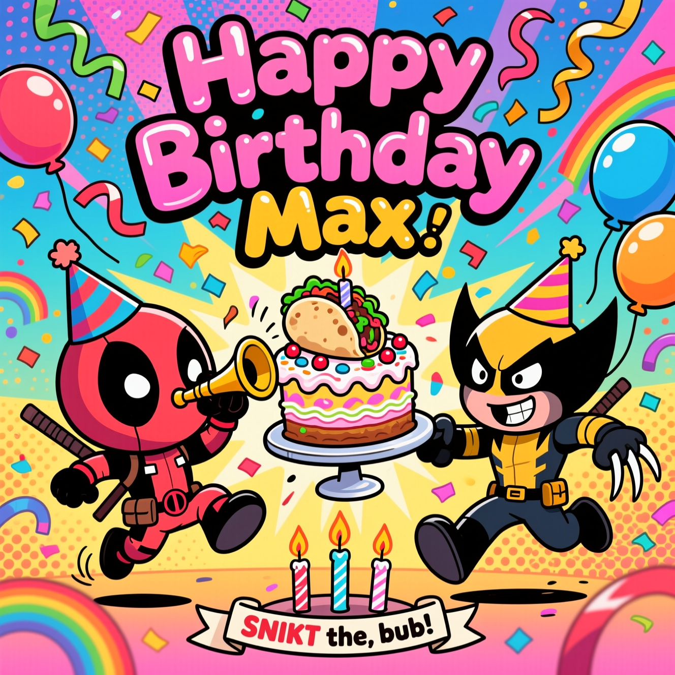 At the top of the Cartoon Style image, "Happy Birthday Max" in big, bouncy bubble letters with glossy highlights, confetti and streamers bursting around the title.

Playful, funny, high-energy cartoon scene with exaggerated proportions, thick black outlines, and bright saturated colors. Deadpool (chibi-style, oversized head and hands) springs in from the left wearing a tilted party hat, blowing a party horn, and presenting a towering, over-the-top sprinkle cake; a chimichanga sticks out like a candle. Wolverine (short, stocky, grinning) in his classic mask and suit bounds in from the right, party hat on, claws out but used harmlessly to neatly slice the cake mid-air. Big expressive eyes, dramatic motion lines, and a swirl of rainbow confetti, balloons, and streamers fill the scene; no gore, just slapstick silliness. Background is a bright comic burst with halftone dots and a festive color gradient; glossy highlights and chunky cel shading keep everything bold and vibrant. Keep composition tight and image-first, characters large and front-facing, with lots of cheeky, dynamic energy.

At the bottom, a small playful ribbon caption reads: SNIKT the candles, bub!
Generated with these themes: Deadpool, Wolverine, and .
Made with ❤️ by AI.