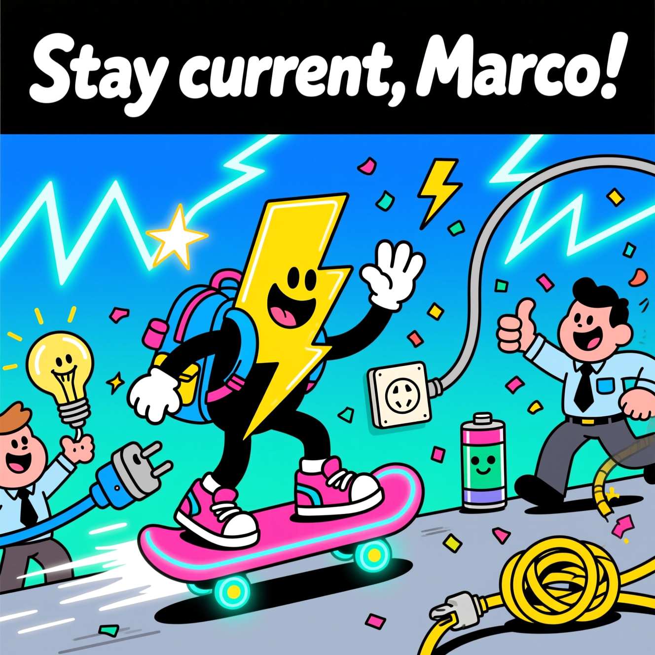At the top of the Cartoon Style image, "Stay current, Marco!"

Playful cartoon scene in a bright, funny farewell mood: a grinning, anthropomorphic lightning bolt zooms forward on a neon hoverboard shaped like a power strip, wearing an oversized backpack and plug-shaped sneakers, giving a huge wave. Around them, goofy electric coworkers—smiling light bulb, friendly wall outlet, happy battery, and a tangled extension cord doing a clumsy thumbs-up—cheer and toss tiny lightning-bolt confetti. Exaggerated proportions, thick black outlines, saturated colors (electric blue, neon yellow, hot pink, cyan), and energetic, whimsical poses. Background: electric-blue to teal gradient with glowing zigzag lightning accents and starbursts; a sweeping power cord arcs through the composition with harmless cartoony zaps. Keep the top third clear for the caption; render the caption in bold, chunky, hand-drawn lettering with a white outline and subtle electric glow for punchy readability. Flat cel shading, crisp shapes, playful textures, and a big image-first composition. No other text.
Generated with these themes: Electric, and .
Made with ❤️ by AI.