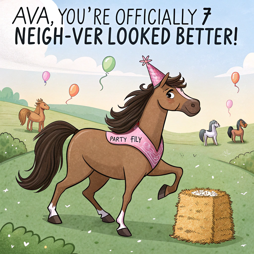 At the top of the image, "Ava, you’re officially 7—neigh-ver looked better!"

- Depict a humorous, realistic photograph-style scene of a sassy brown horse with a shiny black mane wearing a sparkly party hat, mid-prance on a lush green field.  
- The horse has a birthday sash reading "Party Filly" and is dramatically side-eyeing a birthday cake balanced precariously on a hay bale.  
- In the background, a flock of farm animals are holding tiny balloons in their mouths, clearly there for the festivities.  
- Add a confetti burst frozen mid-air for that perfect chaotic party moment.
Generated with these themes: Happy birthday Ava 7 brown horse and black mane.
Made with ❤️ by AI.