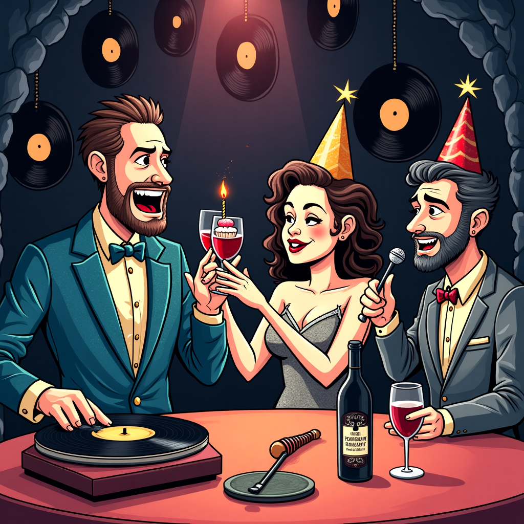 **Image Prompt:**  
At the top of the illustration image, *“Wine down, Jenna—it's your birthday in the Underworld!”*

**Illustration Description:**  
A vibrant, quirky cartoon-style scene inspired by *Hadestown*, set in a jazzy underworld speakeasy. Hades, in a sparkly velvet tuxedo, spins a vintage vinyl labeled “JENNA’S BIRTHDAY BOPS” on a gramophone turntable. Persephone, already two glasses of red wine in, clinks her glass with a birthday cupcake, striking a sassy pose under a literal spotlight. Orpheus croons into a mic made from a corkscrew, while Eurydice dramatically rolls her eyes and tries to light the birthday candles with a moody matchstick.

Vinyl records hang from the cave ceiling like disco balls, and one particularly cheeky label reads “Age is Just a Track Number.” There’s a dancing conga line of underworld spirits wearing party hats, each holding a glass of wine, one trying (and failing) to open another bottle using an oversized stage spotlight.

The mood is jubilantly absurd—dark cabaret meets boozy birthday bash.
Generated with these themes: Hadestown the musical, Wine, Spotlight, and Vinyl records.
Made with ❤️ by AI.