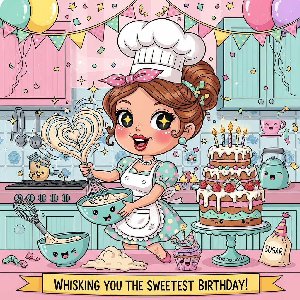At the top of the Cartoon Style image, Kendals cakes

A bright, cute, and playful cartoon scene: an adult English baker woman with rosy cheeks, bright red lipstick, big sparkling eyes, and wavy chestnut hair tied in a ribboned bun. She wears a pastel polka-dot dress with a flour-dusted apron and a big puffy chef hat. In a cozy pastel kitchen decorated with bunting, balloons, and confetti, she strikes an energetic pose as she joyfully whisks a mixing bowl—batter swirls up into a heart with sparkles and motion swooshes. On a pedestal beside her sits a towering funfetti layer cake with swirled pastel icing, strawberries, rainbow sprinkles, and cheerful star-shaped candles. Anthropomorphic details: a smiling whisk, a winking mixing bowl, a giggling cupcake in a party hat, and a friendly sugar bag. Subtle English touch: blue-and-white teacup motifs on the tiles and a cute kettle on the stove. Thick black outlines, exaggerated chibi proportions (big head, big eyes, small body), saturated candy colors (bubblegum pinks, mint greens, lemon yellows, sky blues), cel shading, and glossy highlights. Dynamic composition with starbursts, sparkle dust, and confetti floating. At the bottom on a ribbon banner (or piped in icing on the cake stand), add a single playful line of text: “Whisking you the sweetest birthday!”
Generated with these themes: Pretty English girl with cute red lips big pierced tits and sexy big ass baking a cake, and .
Made with ❤️ by AI.