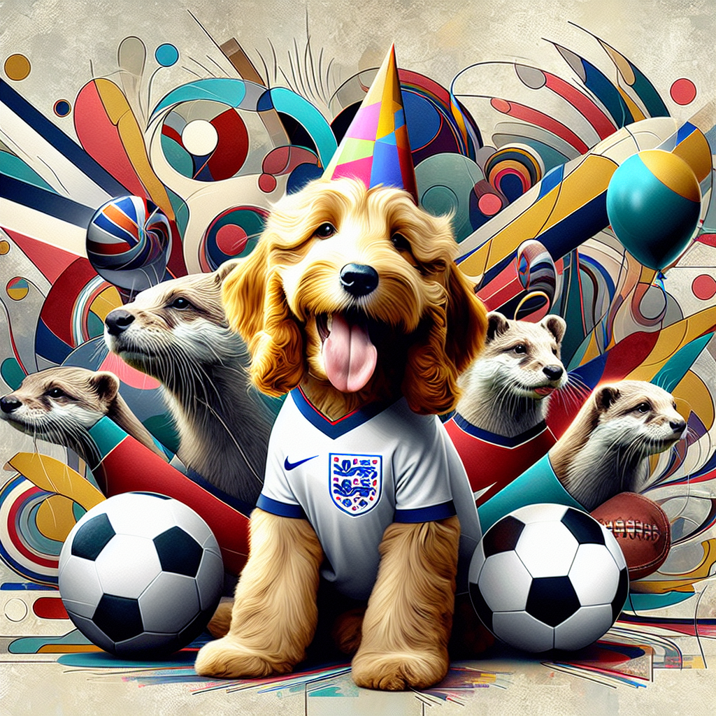 In this birthday-themed abstract artwork, the centerpiece is a playful golden Cockapoo, its tongue cheekily poking out. The puppy, decked in a ceremonious party hat and an England-themed soccer shirt, radiates playful charisma. Surrounding abstract elements draw inspiration from England's vibrant sports culture, whispering subtle references to soccer and cricket. In harmonious inclusion, a pair of abstract otters partake in the celebration, sporting England athletic wear. This arrangement warmly bridges national sports enthusiasm and the delights of animal companionship.
Generated with these themes: Gold Cockapoo puppy with tongue out wearing a birthday party hat and and England shirt, England soccer, Cricket, and 2 otters.
Made with ❤️ by AI.