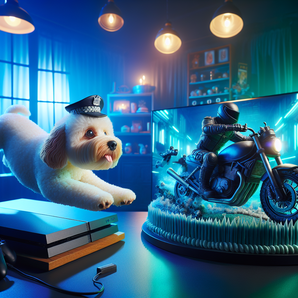Create a surreal yet realistic birthday scene. In this scene, a Cockapoo dog, sporting a miniature police hat, appears to jump out from the screen of a gaming console, seemingly pursuing imaginary villains. The ambiance of the room is bathed in an otherworldly array of blue and green lights, reflecting the luminosity of the gaming console. Off to the side, a remarkably accurate life-sized cake designed to resemble a motorcycle seems poised precariously, as if captured mid-movement. The cake's wheels, crafted from sugar, give the illusion of being in motion, as if prepared to zoom off into a fantastical expedition.
Generated with these themes: Cockapoo , Police, Xbox, and Motorcycle .
Made with ❤️ by AI.