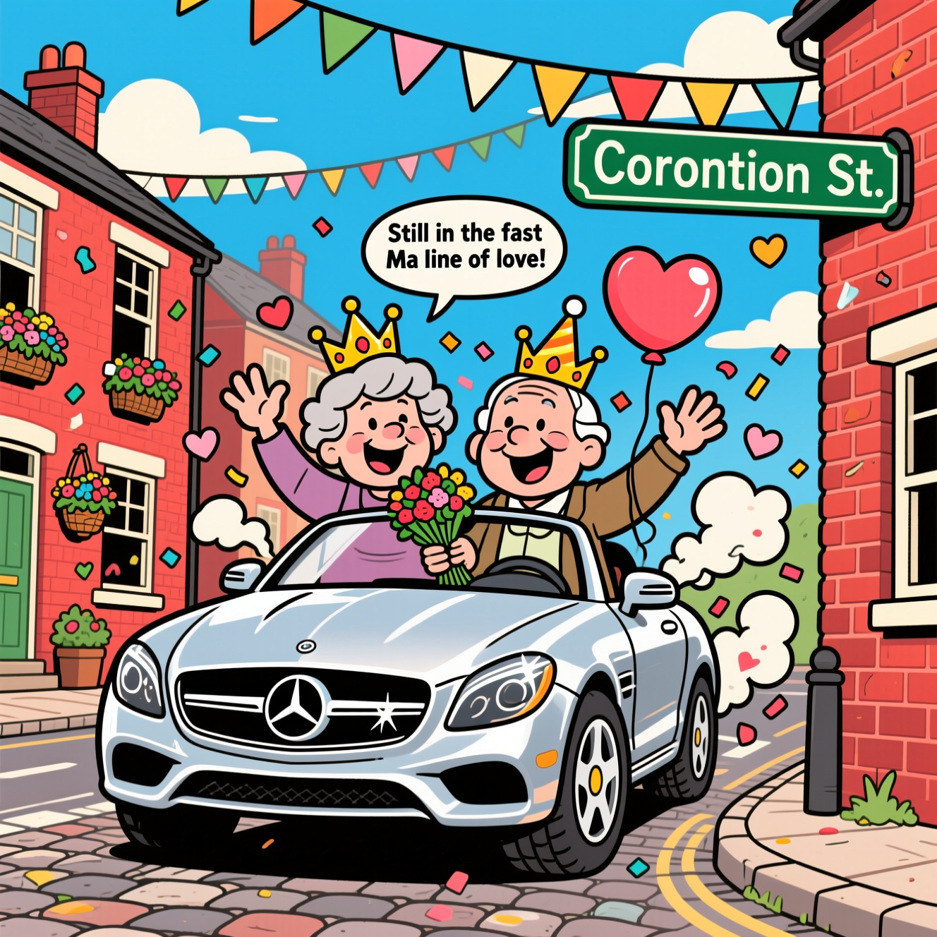 Coronation street, Mercedes, and Anniversary Card
