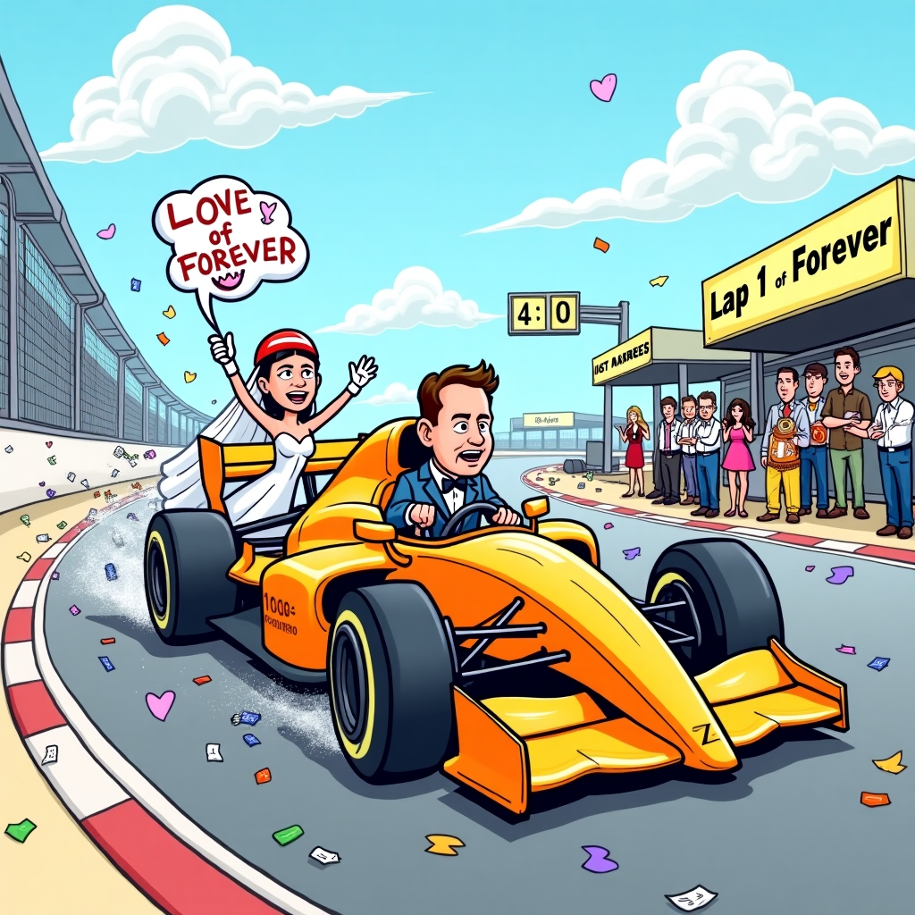 **Prompt:**

At the top of the cartoon image, *Rachel & Scott — Driving Into Marriage at Full Throttle!*

A vibrant and humorous cartoon image shows a bright orange McLaren Formula 1 car speeding down the racetrack. Behind the wheel is a cartoon version of Scott in a tuxedo with racing gloves, looking thrilled and slightly terrified, while Rachel, in a flowing wedding dress and race helmet, is hanging halfway out of the cockpit waving a checkered flag. 

Trailing from the back of the F1 car are tin cans, flowers, and “JUST MARRIED” spray-painted onto the spoiler. The pit crew—made up of comical wedding guests and confused engineers—cheer and wave from the pit wall. A scoreboard flashes: "Lap 1 of Forever".

In the sky, clouds shaped like hearts swirl as confetti rains down. One of the trackside banners cheekily reads: “Love — The Ultimate Pit Stop”.
Generated with these themes: McLaren formula one.
Made with ❤️ by AI.