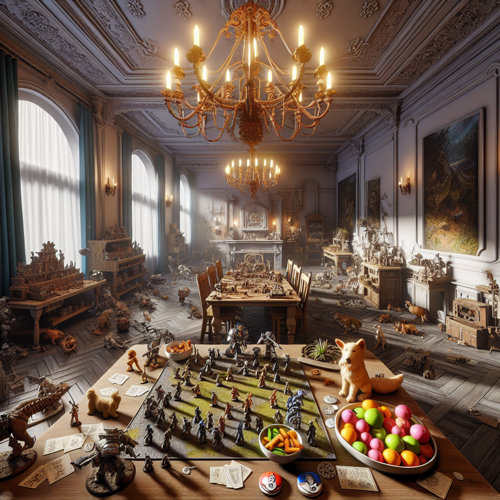 Render an interior scene that is designed in a strategy game, reminiscent of Warhammer. The room's lighting is subdued, filling it with a quiet solemnity resonating from the chaos of a past battleground. Scattered across the room are intricately painted figurines and miniature terrains. Merged within this universe, elements from a popular monster collecting and training game also become apparent. Guests find themselves surprised by receiving trainer badges and snacks inspired by the game motifs. Adding a delightful complementary touch, canine-themed party favors are dispersed, highlighting a sense of earthy charm within this fantastical setting.
Generated with these themes: Warhammer, Pokemon, and Dog.
Made with ❤️ by AI.