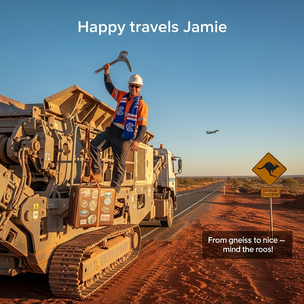 At the top of the Photorealistic picture taken from a camera image, “Happy travels Jamie”

Ultra-high-definition 4K UHD, true-to-life photo at golden hour. Portrait orientation, slightly low-angle shot: a cheerful quarry fitter in hi-vis orange and a dusty hardhat is climbing onto a mobile jaw rock crusher strapped to a low-loader at the edge of a quarry that fades into the red Australian outback. He waves an adjustable spanner like a boomerang; a blue-and-white hooped scarf in Glasgow Rangers colors flutters from his neck. The crusher’s steel jaws, rollers, and grease-smudged panels show gritty, lifelike textures; a scuffed suitcase with travel stickers is bungied to the handrail. Behind him, a long straight road shimmers with heat; a kangaroo crossing sign stands beside the track; a jet arcs overhead toward the horizon. Color palette: hi-vis orange, Rangers blue accents, outback red earth, cobalt sky. Realistic dust motes catching sunlight, subtle heat haze, accurate shadows and highlights. Shot on a full-frame camera, 35mm lens, f/2.8, ISO 100, 1/500s, rich depth of field with crisp foreground and soft bokeh background.

Small, cheeky in-image caption: printed on the yellow kangaroo sign near the bottom-right, one short line reads, “From gneiss to nice — mind the roos!”
Generated with these themes: Quarry fitter, Rock crusher, Glasgow rangers, Australia , Traveling, and .
Made with ❤️ by AI.