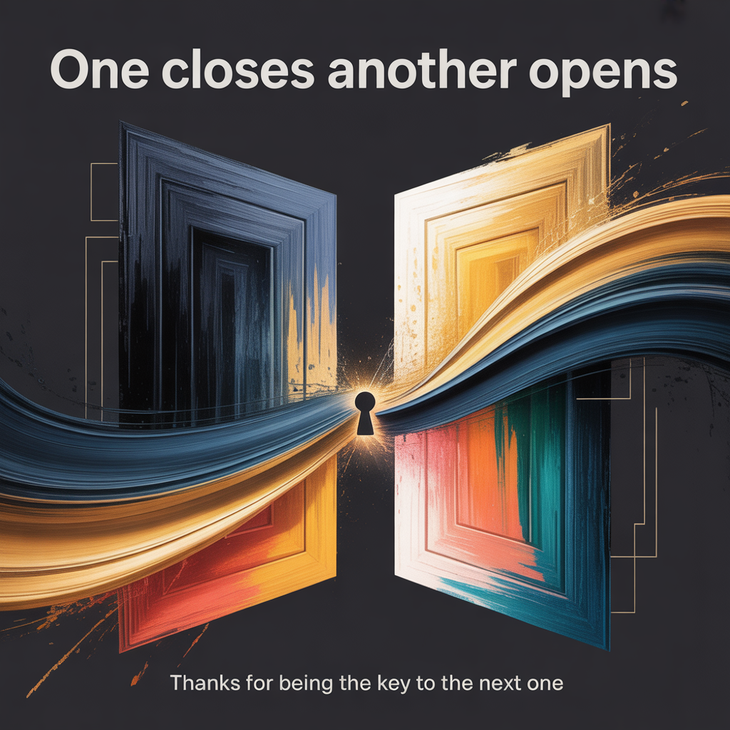 At the top of the Abstract Style image, "one closes another opens"

At the bottom of the image, "Thanks for being the key to the next one"

Create a bold abstract composition: two overlapping geometric “door” forms at center, the left rendered as a deep indigo/slate rectangle with heavy charcoal brush-stroke textures receding, and the right as a luminous open portal edged in crisp white, glowing with warm gold, coral, and electric teal. Sweep a fluid hinge-like arc between them—dynamic paint strokes that carry motion from the closed form into the open, with subtle splatters and scrapes to add energy.

Use high-contrast color blocking: inky navy and near-black against vibrant gold/teal/coral accents. Add soft, radiant highlights emanating from the open portal to convey hope and gratitude. Introduce minimal geometric echoes—thin lines, semi-transparent rectangles, and a small negative-space keyhole shape near the hinge (suggestive, not literal).

Typography: headline at the top large and clear in textured white sans-serif, slightly distressed to match brush textures; punch-line at the bottom smaller in warm gold, clean sans-serif. Preserve generous negative space behind both text areas for legibility. Keep the overall mood sincere, modern, and uplifting—geometric precision balanced with expressive, gestural paintwork.
Generated with these themes: One closes another opens, and .
Made with ❤️ by AI.