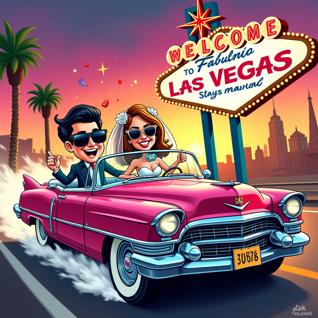 At the top of the Cartoon Style image, "Konstantin & Kirsty Viva La Marriage"

A funny, high-energy cartoon scene with exaggerated proportions, thick black outlines, and bright saturated colors: Konstantin and Kirsty, as playful cartoon newlyweds, zoom down the Las Vegas Strip in a shiny Elvis‑pink Cadillac convertible with gleaming chrome, giant tailfins, and huge whitewall tires. Konstantin rocks oversized Elvis shades and a bouncy pompadour; Kirsty wears a fluttering veil and cat‑eye sunglasses, both grinning and throwing a thumbs‑up. Heart‑shaped exhaust puffs, motion lines, and a trail of flying playing cards, poker chips, and confetti burst behind the car. Add extra gags like fuzzy dice, a tiny crown air freshener, and a microphone‑shaped gear shift.

Replace the classic “Welcome to Las Vegas” roadside sign with a big retro version in the same style: starburst topper, bulb‑lit border, vintage shapes and colors, but the text reads exactly “Happy First Wedding Anniversary” in bold retro lettering with sparkles and radiant lines. Do not include the original “Welcome…” wording.

Background: a stylized neon Vegas skyline (palm trees, pyramid, mini‑Eiffel, tall tower silhouettes) in a glowing sunset of flamingo pink, electric teal, and gold. Dynamic low angle and sweeping road perspective for speed and humor. Glossy highlights on the Cadillac; cartoon shading; whimsical, energetic poses.

Add one tiny cheeky caption near the bottom in playful bubble letters: “What happens in Vegas stays married!”

Keep the image dominant with minimal text besides the top caption, the custom anniversary sign, and the single cheeky line.
Generated with these themes: Konstantin & Kirsty cruise off in Las Vegas in a shiny Elvis-pink Cadillac, Instead of the “Welcome to Las Vegas” sign, please show the words: “Happy First Wedding Anniversary” in the same style., and .
Made with ❤️ by AI.