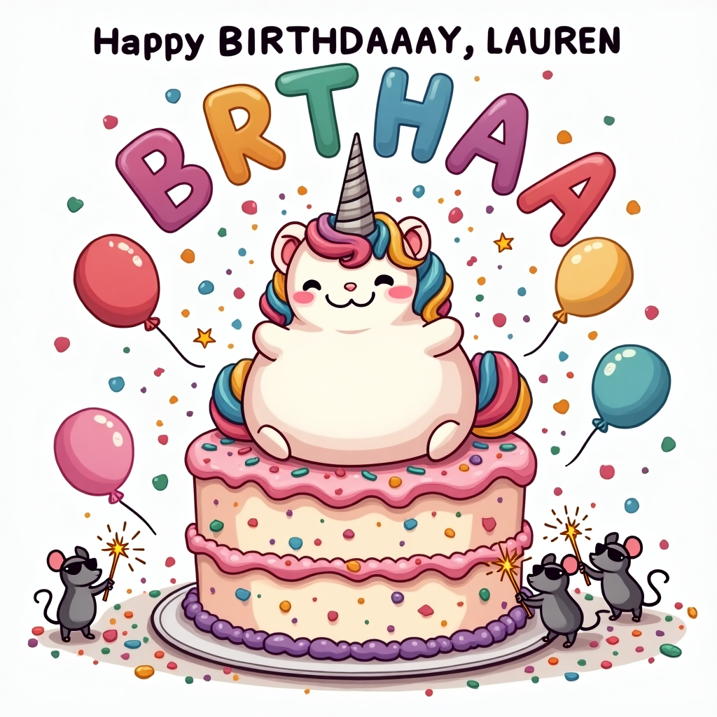 At the top of the cartoon image: "Happy BIRTHDAAAAY, Lauren – You're Uni-corny in the Best Way!"

**Prompt for the image:**  
A cartoon-style, hilarious birthday scene featuring a plump, squishy unicorn in the style of a Squishmallow — soft, round, and delightfully huggable — wearing a tiny party hat that's clearly too small for its giant, fluffy head. The unicorn is perched precariously on top of an oversized birthday cake, accidentally smooshing the top tier with its squishy bottom. Multicolored sprinkles explode everywhere like confetti, and tiny mice wearing sunglasses are holding sparklers, dancing in a conga line around the base of the cake. Balloons in the background spell out “BIRTHYAY,” and one of them has floated down and is stuck to the unicorn’s glittery horn. The overall color scheme is bright, pastel rainbow with sparkly accents and a cheeky, light-hearted vibe.
Generated with these themes: Squishmallow unicorn.
Made with ❤️ by AI.