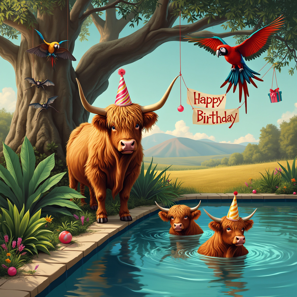 In the foreground of the card, a regal Highland cow, adorned with a whimsical party hat perched between its shaggy horns, stands beside an azure swimming pool. The cow’s wooly coat cascades around it like a mane of auburn waves. Half-submerged in the pool, two other Highland cows appear to be having a leisurely swim, their noses barely peeking above the waterline. The pool itself is surrounded by lush, tropical flora with oversized, vividly green leaves, blending into a mesmerizing tapestry of nature.

Perched on the branches of an ancient oak tree that arches over the pool, a brightly colored African parrot with striking red, blue, and green feathers holds a miniature birthday banner in its beak that reads "Happy Birthday" in playful, colorful lettering. The banner drapes gently across the branches, catching the light in a cascade of celebratory hues.

Amidst the foliage, a few curious bats, with their leathery wings outstretched, hang upside down from the tree branches, peering inquisitively at the scene below. One bat dangles a small, wrapped present from its tiny feet, contributing to the festive atmosphere.

Behind the pool, the landscape opens up into a rolling meadow with a distant backdrop of mountains, where wildflowers bloom in a riot of colors under a cerulean sky. The entire scene is alive with the sounds and sights of nature, creating a fantastical and enchanting birthday celebration that brings together these eclectic elements in perfect harmony.
Generated with these themes: Highland Cows, Swimming Pool, African Parrott, Bats, Nature, and Happy Birthday.
Made with ❤️ by AI.