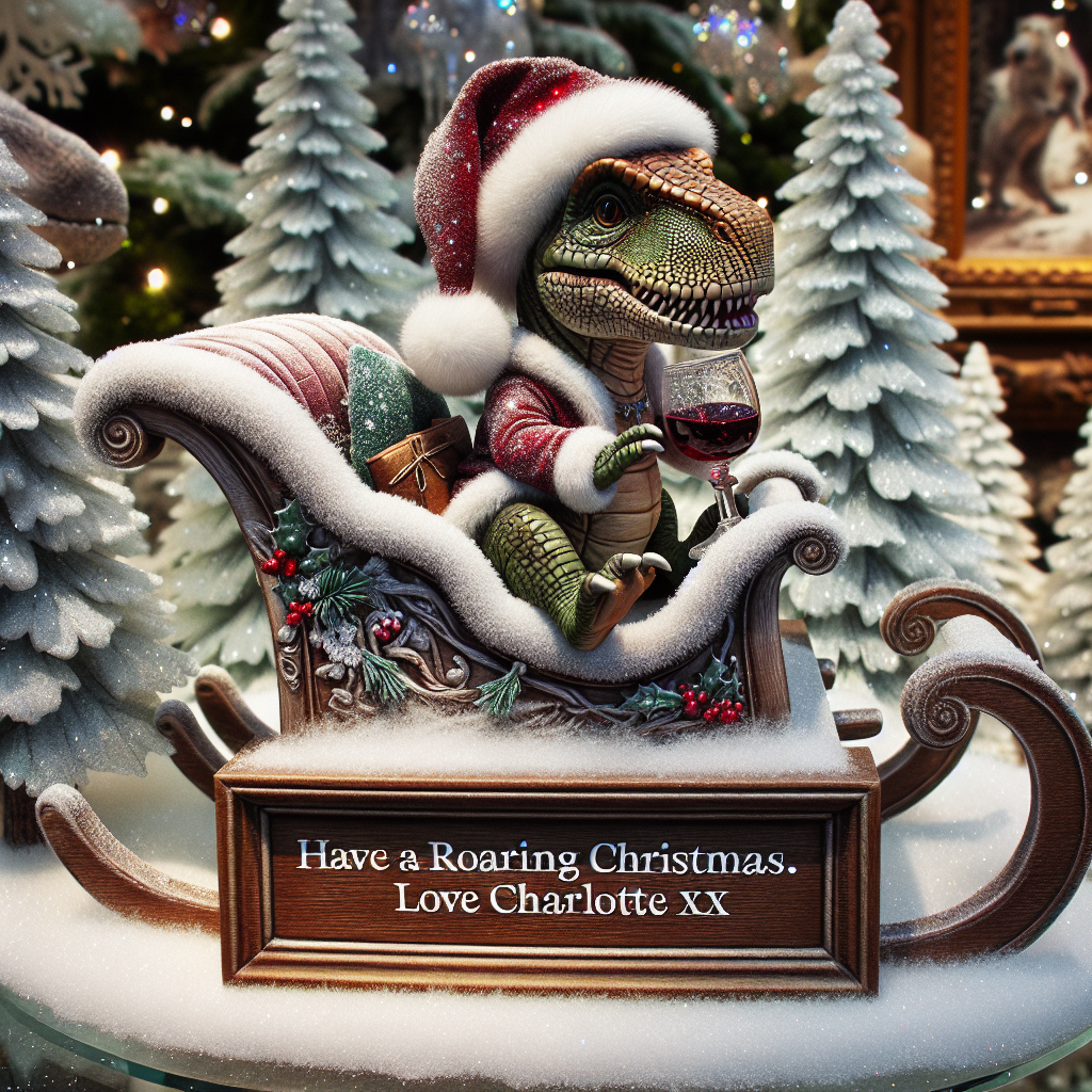Set against a backdrop of glistening snowflakes, a detailed scene depicts a cute T-rex with a plush Christmas hat perched on its head. It rides an intricately designed sleigh with velvet cushioning, a glass of red wine secured in its grip, symbolizing festive joy. The heartfelt words 'Have a roaring Christmas. Love Charlotte xx' are inscribed on a rustic wooden sign beside the sleigh, completing this picturesque moment.
Generated with these themes: T-rex with a Christmas hat on, riding a sleigh with glass of red wine in hand.
Made with ❤️ by AI.
