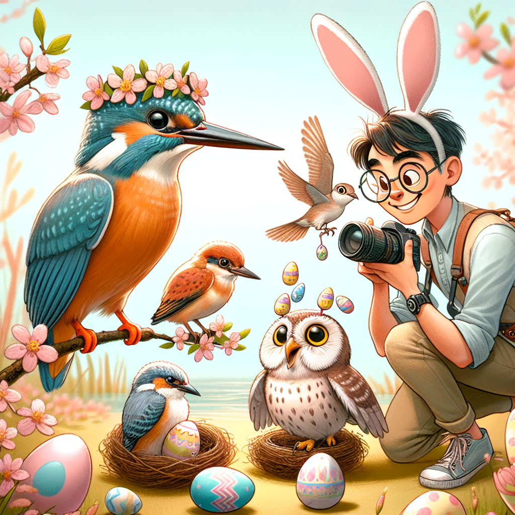 Imagine a serene Easter setting, filled with soft pastels. In this scene, cartoon versions of a kingfisher, kestrel, and owl interact with a South Asian man who's a photographer. The kingfisher, perched on a blooming branch, wears a dainty Easter-themed crown. A kestrel, adorned with miniature Easter eggs attached to its wings, playfully hops around below. An owl, its eyes as round as the man's glasses, roosts in a nest filled with painted eggs, sporting a whimsical pair of oversized bunny ears. The photographer, noticeable by his round glasses and gentle smile, stands ready, camera poised to capture this delightful avian Easter gathering.
Generated with these themes: Kingfisher, kestrel, owl and a man photographer  with round glasses.
Made with ❤️ by AI.
