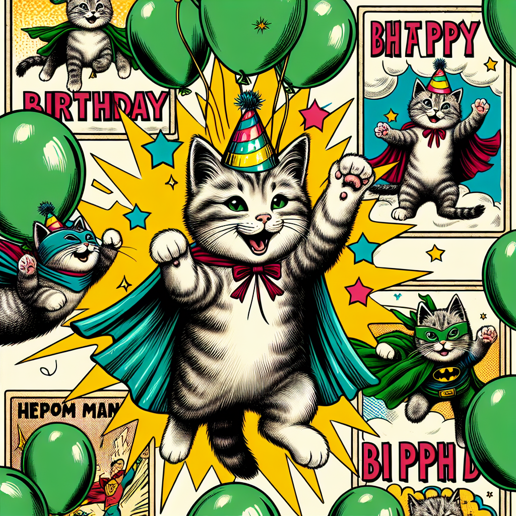 Illustration of a festive birthday setup where cats wearing capes are enjoying a party amidst green balloons, with Marvel posters hanging in the backdrop.
Generated with these interests: Green, Cats, and Marvel.
Made with ❤️ by AI.