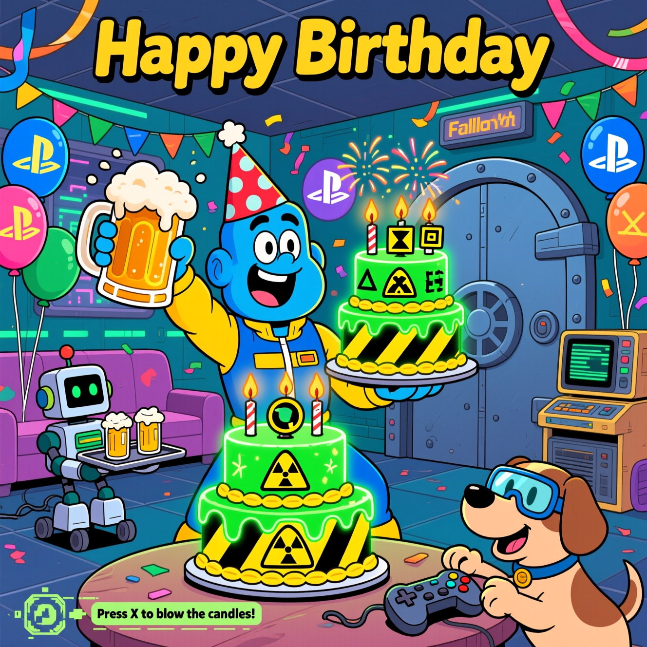 At the top of the Cartoon Style image, Happy Birthday
A funny, high-energy cartoon scene with playful, exaggerated characters, thick outlines, and bright saturated colors: inside a cheerful retro‑futuristic vault party room (Fallout vibe), a big‑headed, blue‑and‑yellow jumpsuit‑wearing vault dweller in a polka‑dot party hat strikes a triumphant pose. One hand hoists an oversized frothy beer stein, the other presents a towering two‑tier cake that glows neon radioactive green with bold yellow‑and‑black hazard‑stripe icing. The cake is topped with candles shaped like PlayStation button icons (triangle, circle, X, square) sparkling like mini fireworks. Balloons and streamers fill the room, many shaped and colored like the PlayStation icons. A chunky, friendly service robot rolls by with a tray of clinking beers, while a cartoon dog in safety goggles paws at a game controller on the table. A massive vault door and retro consoles in the background complete the playful post‑apocalyptic setting. Add a small HUD‑style caption near the bottom, cheeky and bold: Press X to blow the candles! Whimsical, energetic poses, bouncy composition, glossy highlights, and a joyful, comedic mood.
Generated with these themes: Fallout, Beer, Cake, Playstation, and .
Made with ❤️ by AI.