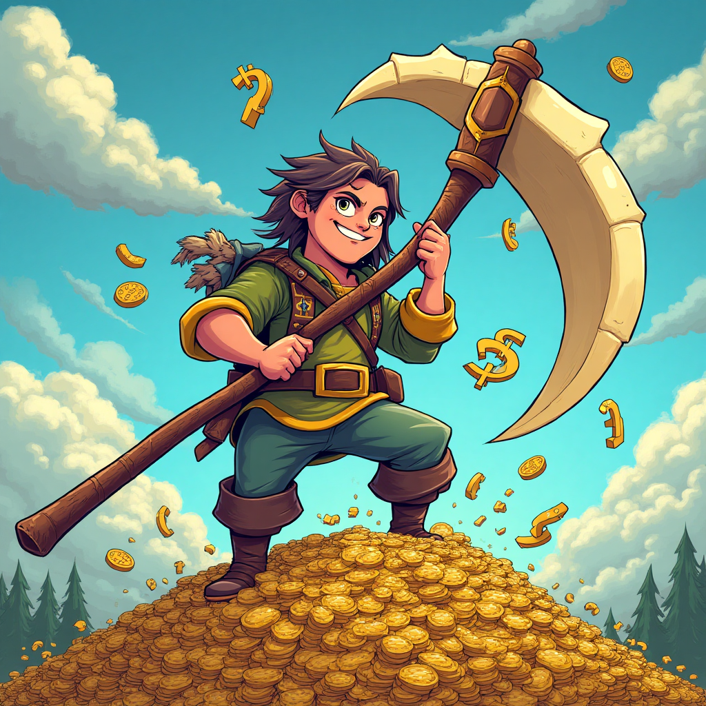 At the top of the Cartoon Style image, include the text: "Happy 20th Birthday Sythe".

**Image Description:**

Create a whimsical cartoon scene in a vibrant and exaggerated style. In the center, depict a comical character styled as a cheeky adventurer from the game OSRS (Old School RuneScape). This character holds a massive, oversized scythe that looks too big for them to carry, adding to the humor. 

They're standing atop a mountain of coins, all sparkling and shimmering, with cartoonish dollar signs ($) floating in the air around them. The character has a wide, mischievous grin and is giving a thumbs-up. 

In the background, a bright and colorful sky filled with fluffy clouds shaped like various OSRS items, like potions and swords, adds to the playful chaos. The entire scene is filled with energy and humor, using bold lines and a bright color palette to evoke a joyful, celebratory mood.

Add a small caption at the bottom of the image: "Leveling up to 20 with style and a stash of cash!"
Generated with these themes: Sythe, Osrs, Money, and .
Made with ❤️ by AI.