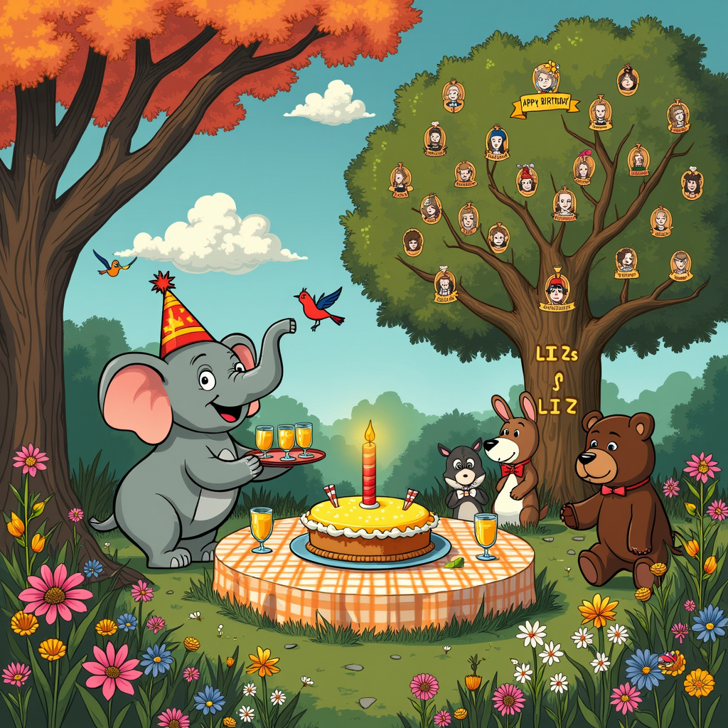 In the bustling heart of a whimsical forest, an extravagant birthday celebration unfolds with delightful cartoon charm. Picture a colorful clearing surrounded by towering trees adorned with freesias, their bright petals swaying in the gentle breeze. At the center, a large round table draped with a checkered cloth boasts a grand lemon tart as its centerpiece, crowned with a single candle and icing that spells out "Happy Birthday Liz!"

To the left of the table, an animated elephant in a festive party hat is balancing a tray of Aperol Spritzes on its trunk, its eyes twinkling with mischief as it pours the orange-hued drinks into glasses for the guests. Nearby, a brown bear with a bow tie is engrossed in a game of pin-the-tail-on-the-donkey with a group of giggling woodland creatures.

In the background, a giant family tree, reminiscent of a genealogy chart, is painted on the trunk of an ancient oak. Each branch features portraits of various animals, from monkeys to rabbits, all connected by a network of colorful ribbons. The words "Liz's Family Tree" are elegantly scripted at the base of the trunk, bringing a personal touch to the scene.

Suspended in the sky, fluffy clouds form the letters of Liz's name, "L-I-Z," casting soft shadows over the festivity below. High above, a trio of birds with tiny party hats soar through the blue sky, trailing a vibrant "Happy Birthday Liz!" banner behind them.

The entire scene is captured with a blend of playful lines and rich, vibrant colors, invoking the charm of Charles Schulz's Peanuts and the imaginative details of Bill Watterson's Calvin and Hobbes. The composition balances the cartoonish fun with intricate details, making it a feast for the eyes and a joyful celebration for Liz.
Generated with these themes: aperol, elephants, bears, freesias, lemon tart, genealogy.
Made with ❤️ by AI.