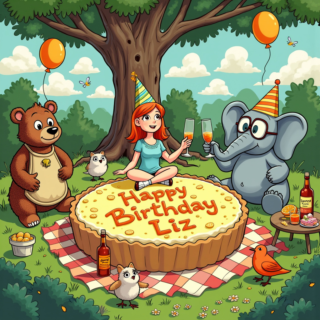 In the whimsical world of our birthday greetings card, imagine an enchanting picnic scene set in a lush, cartoon-style park reminiscent of Bill Watterson's lush and vibrant settings, with playful nods to Charles Schulz's simple yet expressive character design. 

At the heart of the scene is a gigantic lemon tart, large enough for everyone to gather around. On top of this tart, in frosting, is written "Happy Birthday Liz" with tiny cartoon freesias (inspired by Hergé’s detailed botanicals) decorating the edges. Liz, our cheerful human protagonist, sits cross-legged on the tart, wearing a colorful party hat, and holding a glass of Aperol spritz up in a toast.

Surrounding Liz are an assortment of lively cartoon characters. On her right is an elephant, akin to Osamu Tezuka's whimsical animal designs, wearing oversized glasses and a genealogist's badge, holding an ancient-looking family tree scroll in its trunk. To Liz’s left is a bear, inspired by Gary Larson's humorous style, dressed in a chef’s hat and apron, proudly presenting a freshly baked lemon tart. 

In the background, there's a large, old family tree with branches stretching wide, each limb adorned with family photos and cute little frames that give a nod to genealogy. This tree is detailed in a style that’s a blend of Will Eisner's attention to background details and R. Crumb's intricate line work. 

On the ground, colorful cartoon freesias are scattered about, and some have been woven into Liz's party hat. Balloons float in the sky, forming the letters of Liz's name among the clouds, designed to mimic Art Spiegelman's playful yet poignant letterings.

A group of cheerful birds, drawn in a style inspired by Walt Disney’s classic animations, flutter around, some even holding small Aperol bottles with tiny labels that say "Cheers Liz!". A little table set up with Aperol spritzes, complete with orange slices, sits nearby, with a sign that says "Liz's Aperol Bar", and more cartoon freesias decorate the table.

In the distance, we see a couple of elephants and bears (perhaps relatives?) walking towards the party, carrying more goodies and gifts, with their shadows stretching towards Liz, giving the scene depth in a Winsor McCay-esque fashion. 

All these elements come together to create a festive, quirky, and richly detailed birthday celebration that bursts with charm and creativity, perfectly tailored for Liz.
Generated with these themes: aperol, elephants, bears, freesias, lemon tart, genealogy.
Made with ❤️ by AI.