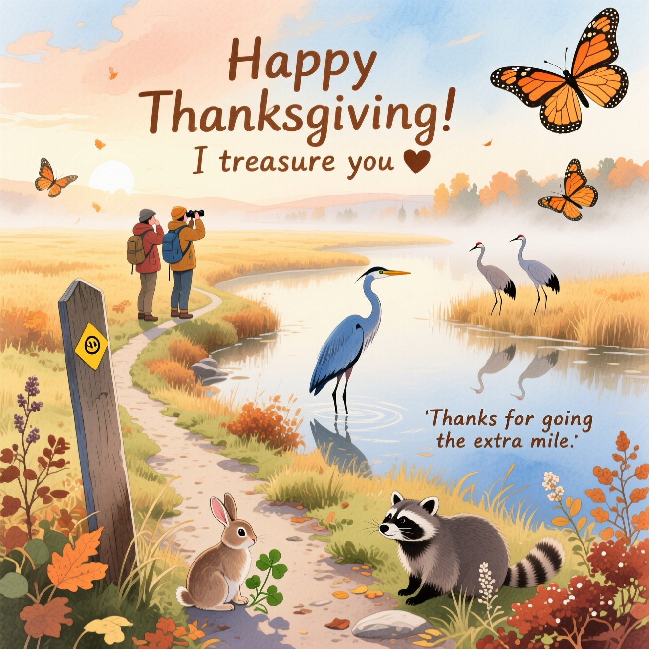 Hiking on the ice age national scenic trail, birdwatching, monarch butterflies, blue herons, sandhill cranes, raccoons, opossums, eastern cottontail rabbits, and Thank-you Card