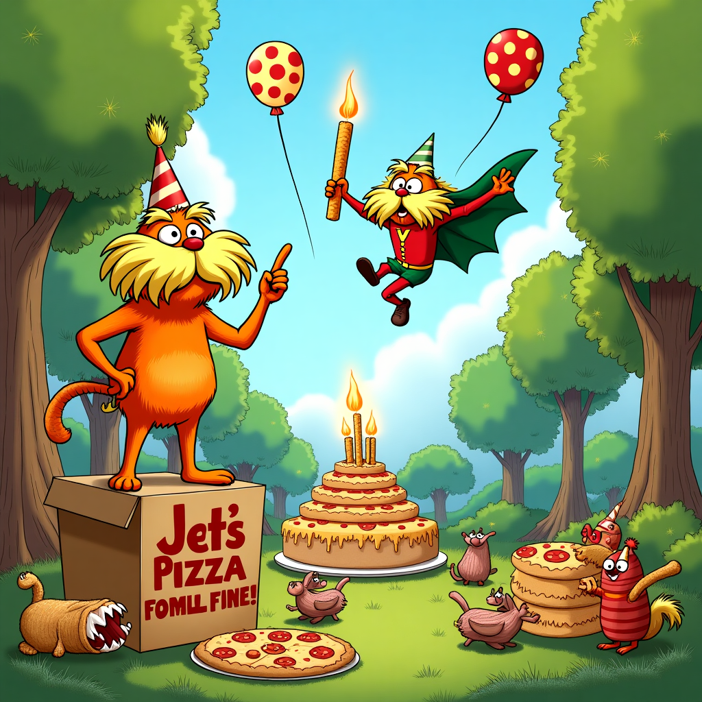 The lorax themed birthday card with Jets Pizza man and cheese bread Birthday Card